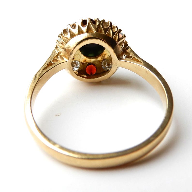 Antique 18ct Gold Multi-Gem Cluster Ring - Bloodstone Diamond Opal & Garnet