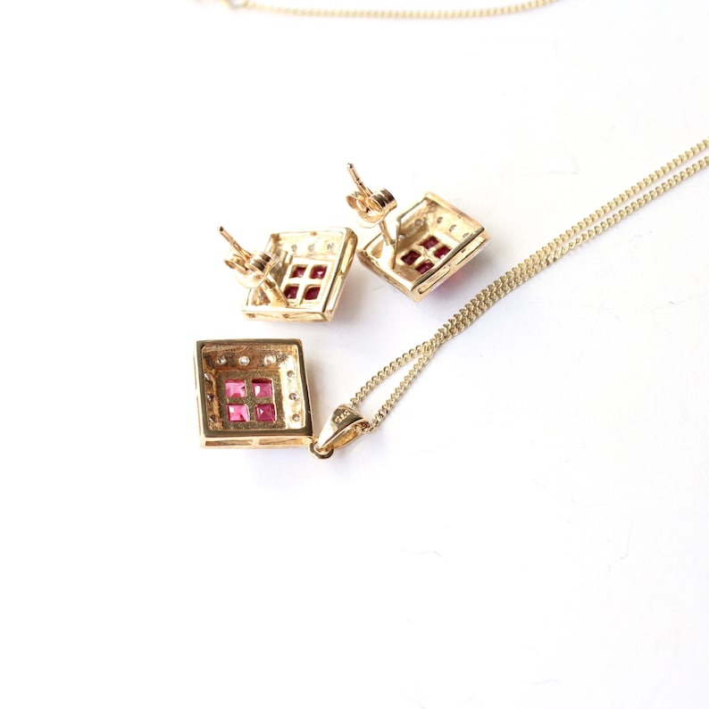 Art Deco style 9ct Gold Ruby & Diamond Necklace & Earring Set