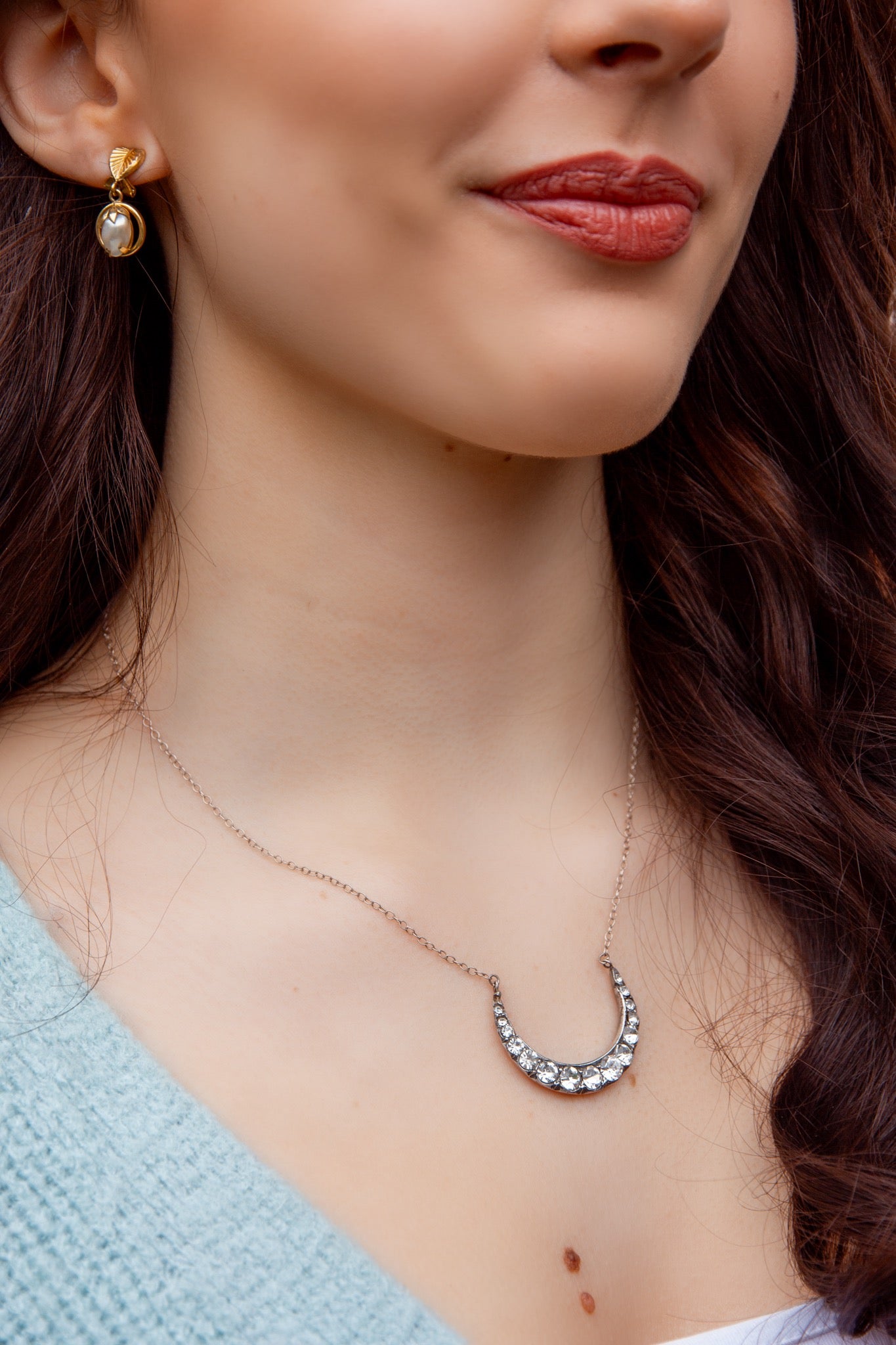 Antique Solid Silver Diamond Paste Moon Necklace
