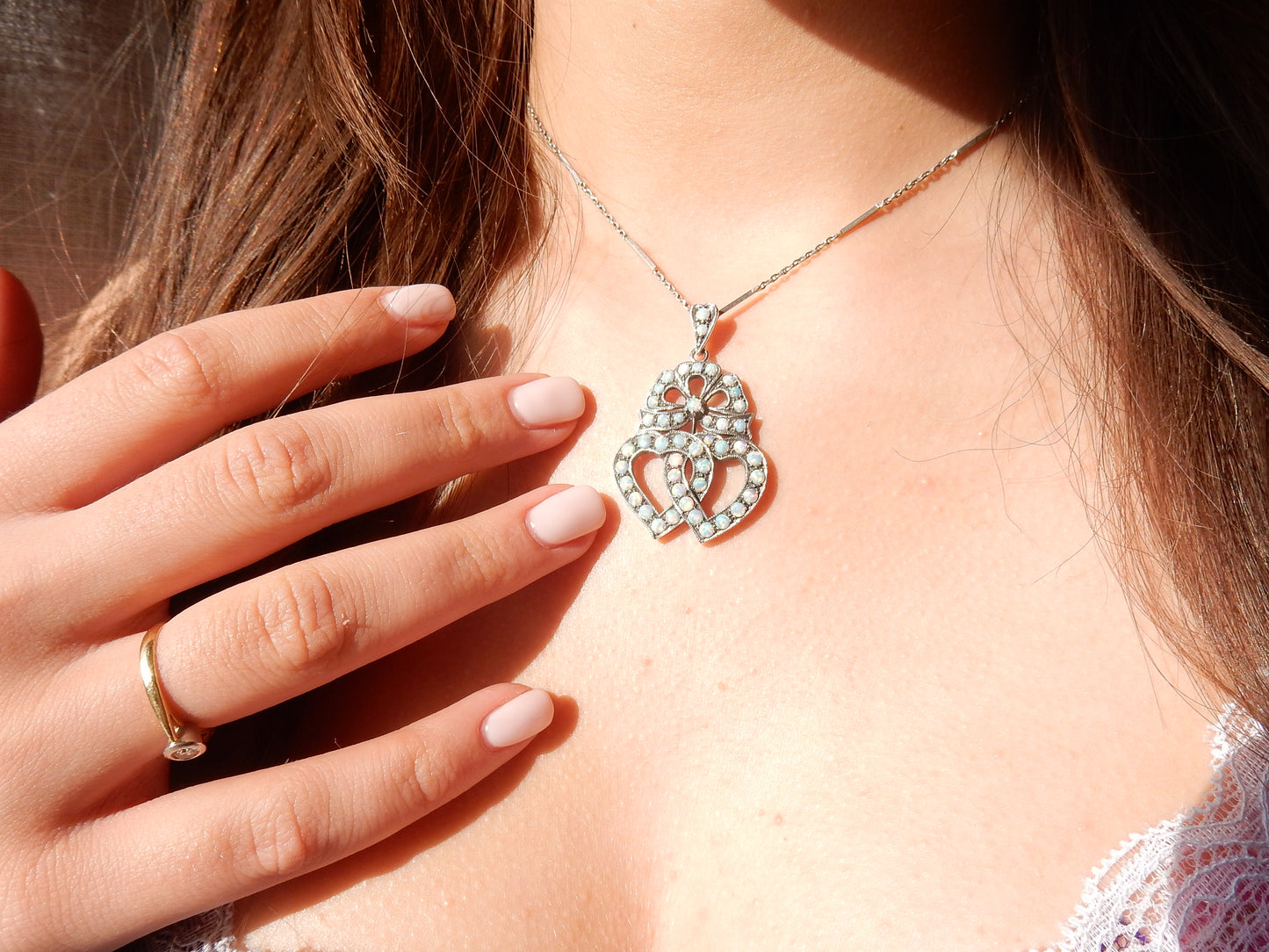 Victorian style Opal Sweetheart Pendant in Sterling Silver