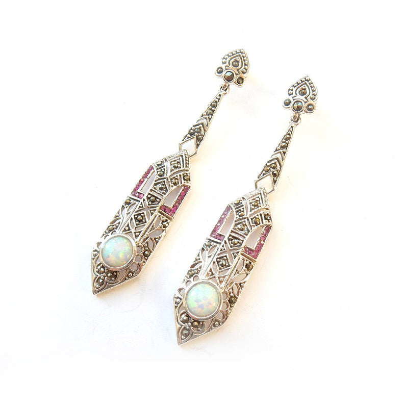 Sterling Silver Marcasite Opal & Ruby Long Drop Earrings