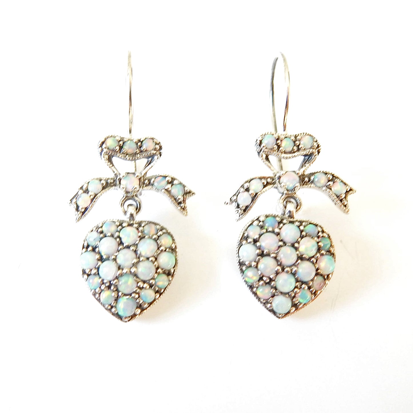 Sterling Silver Opal Heart Earrings