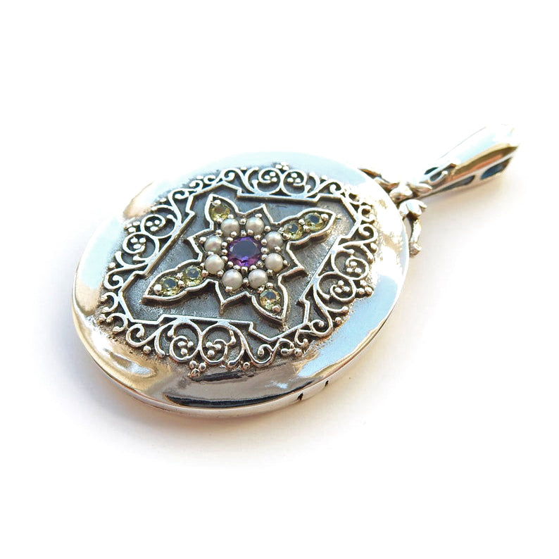 Sterling Silver Seed Pearl Amethyst & Peridot Locket