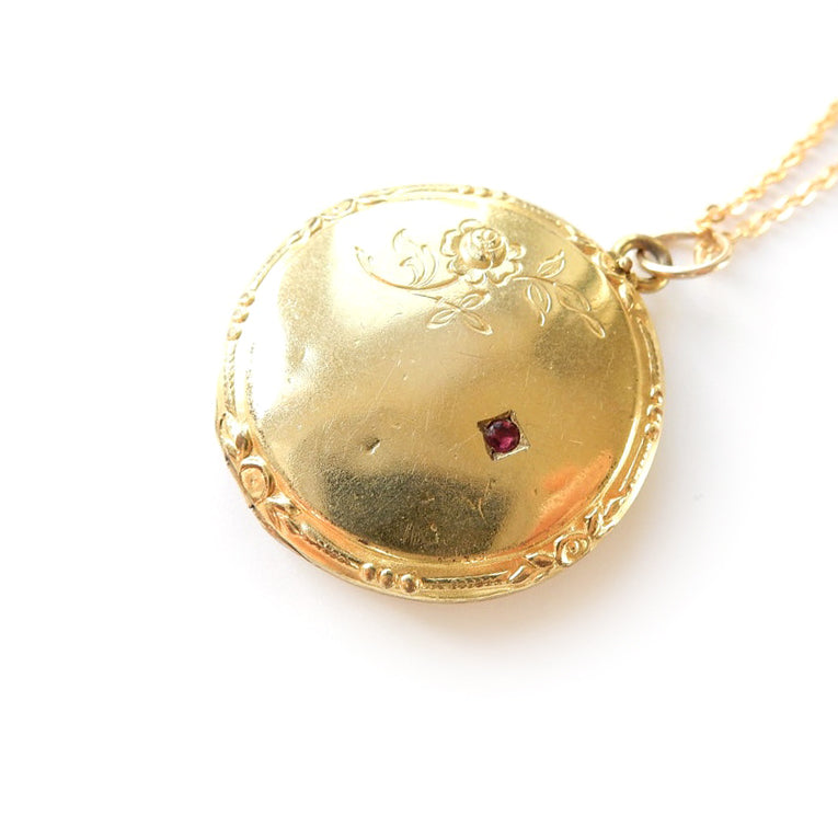 Vintage Rolled Gold Red Paste Flower Locket & Chain