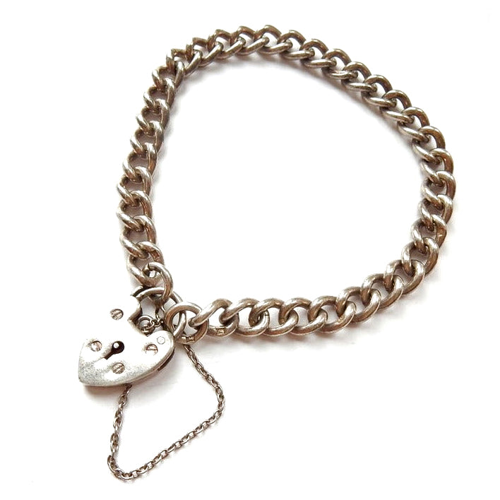 Vintage Sterling Silver Curb Link Bracelet Padlock Heart Catch (18.4grams)