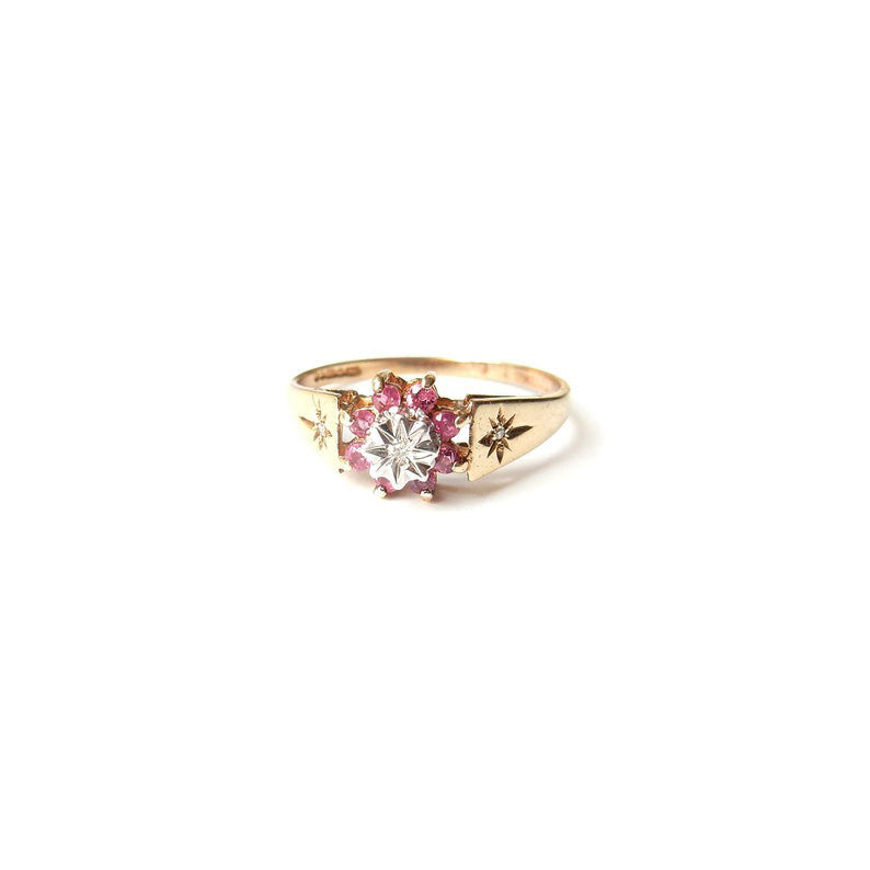 Vintage 9ct Gold Ruby & Diamond Celestial Ring US Size 8 3/4 UK S 1/2