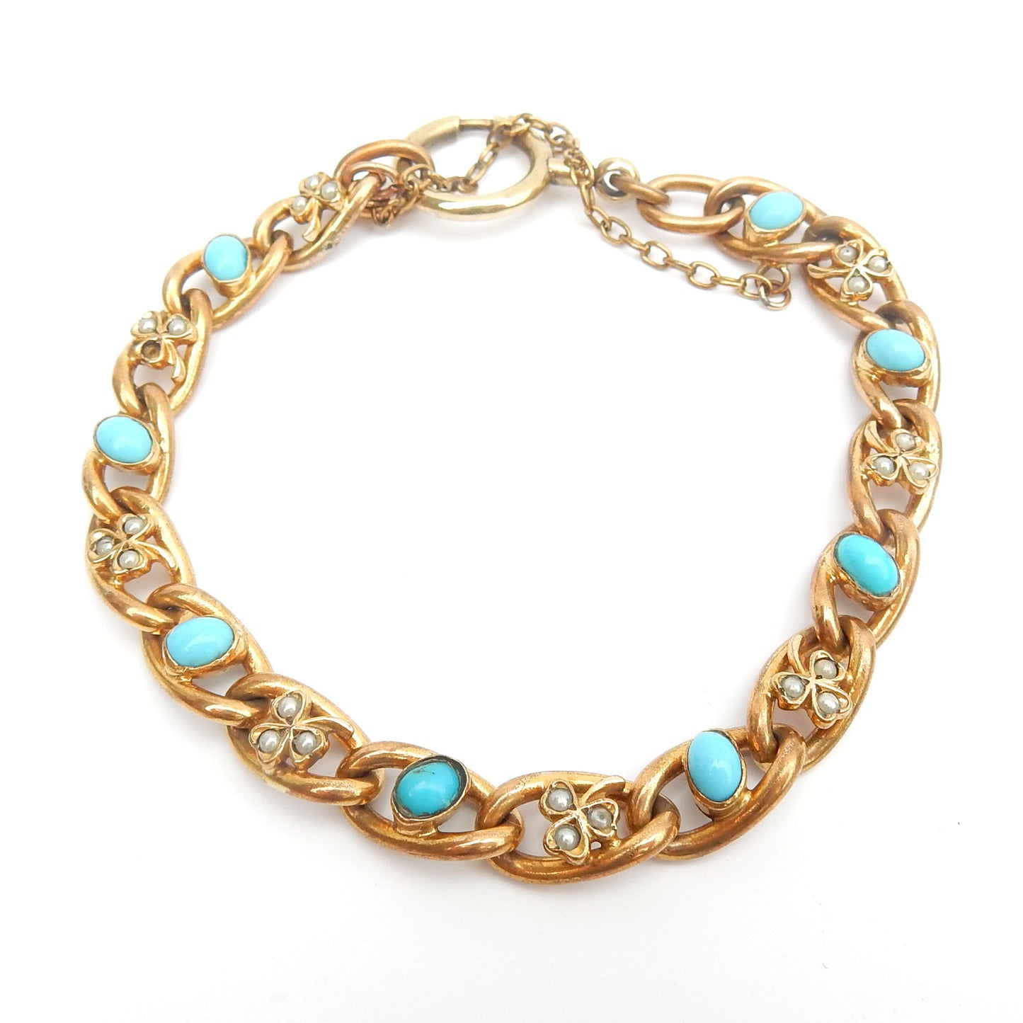 Antique Rolled Gold Turquoise & Seed Pearl Clover Leaf Bracelet