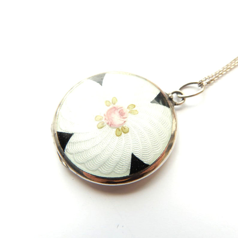 Antique Sterling Siver Guilloche Enamel Locket Necklace