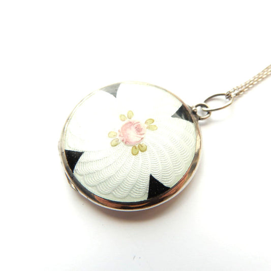 Antique Sterling Siver Guilloche Enamel Locket Necklace