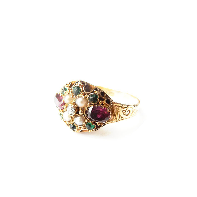 Early Victorian 15ct Gold Amethyst Pearl Emerald & Diamond Ring US Size 6 3/4