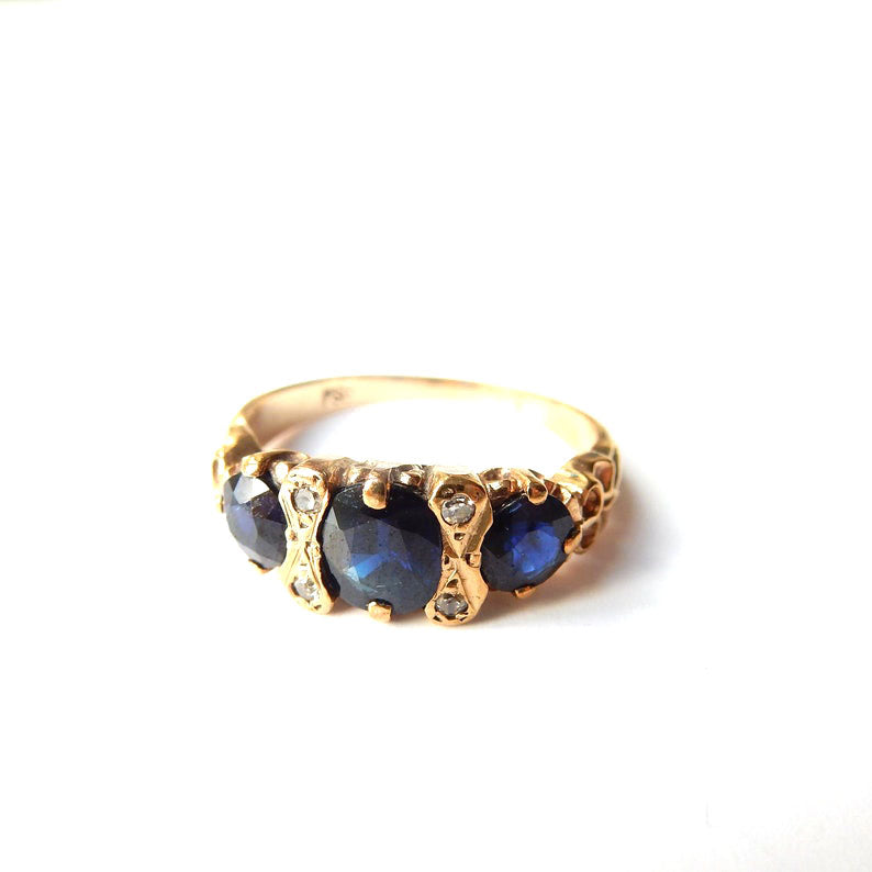 Vintage 10ct Gold Sapphire & Diamond Ring US Size 4.5 UK K