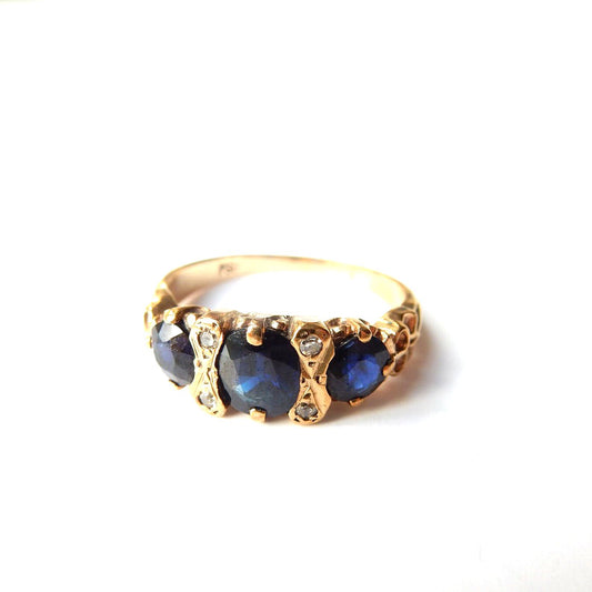 Vintage 10ct Gold Sapphire & Diamond Ring US Size 4.5 UK K