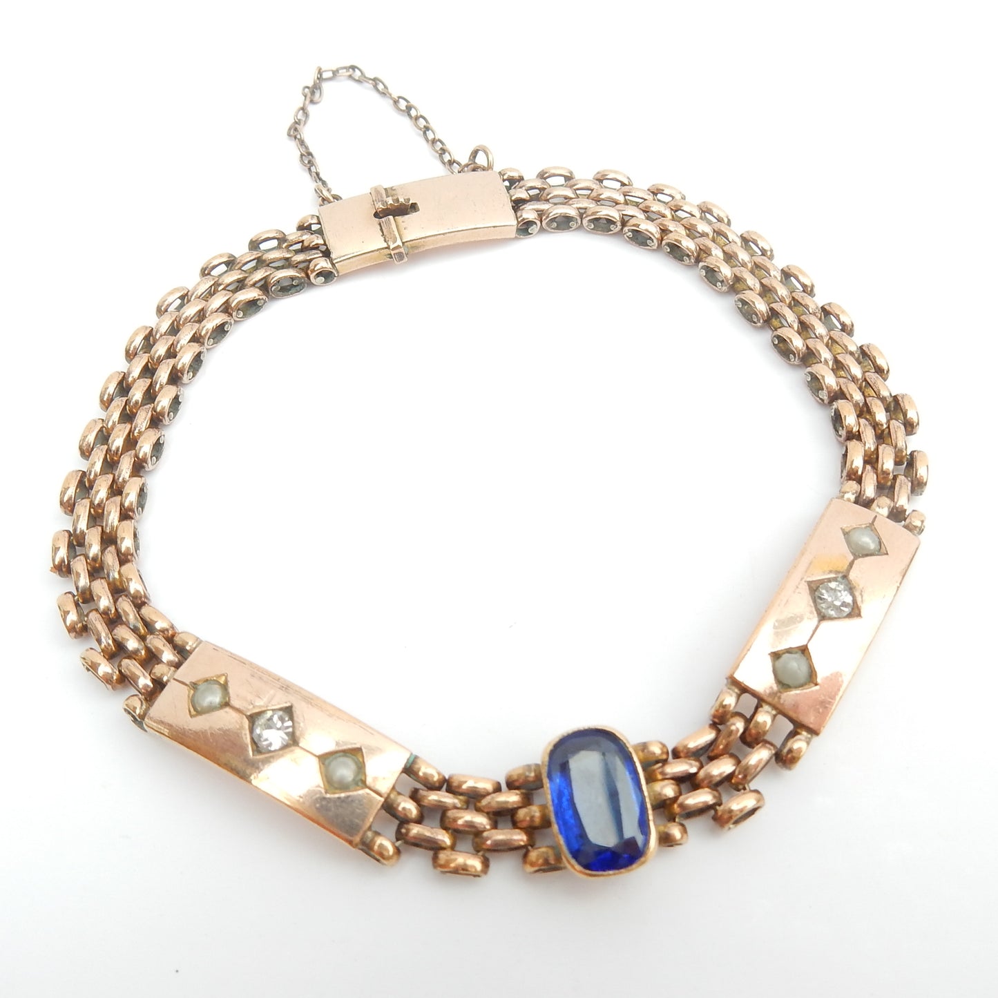 Antique Rolled Gold Sapphire & Diamond Paste Seed Pearl Bracelet