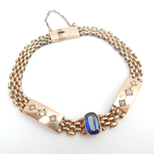 Antique Rolled Gold Sapphire & Diamond Paste Seed Pearl Bracelet