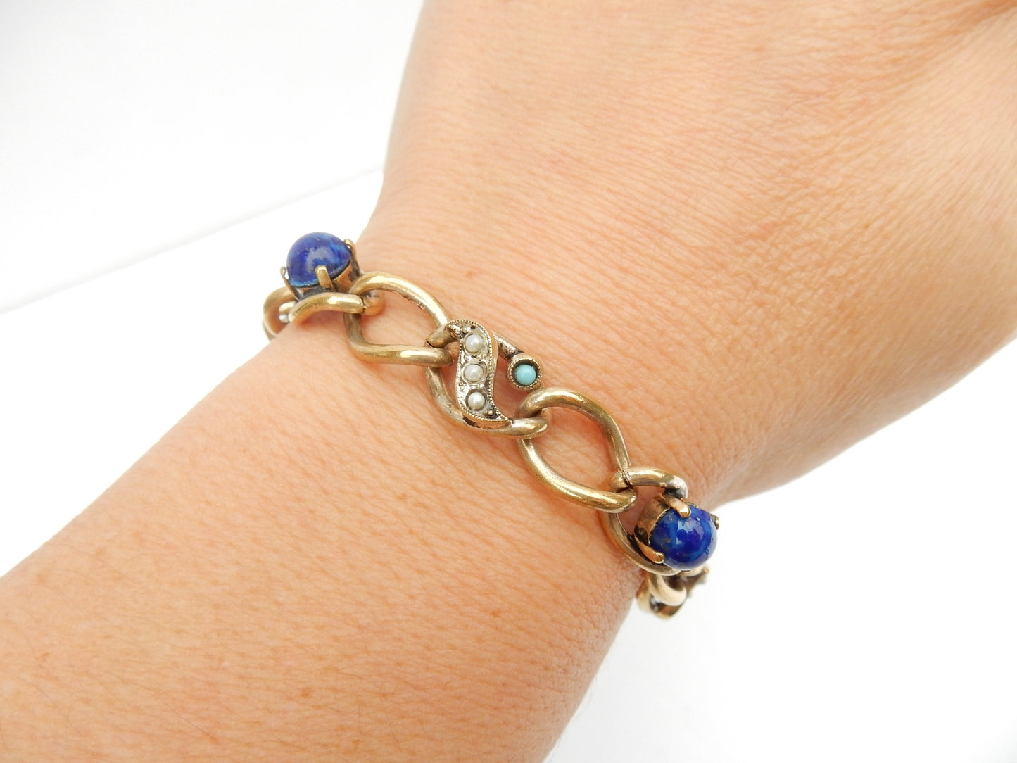 Antique Rolled Gold Lapis Seed Pearl & Turquoise Bracelet