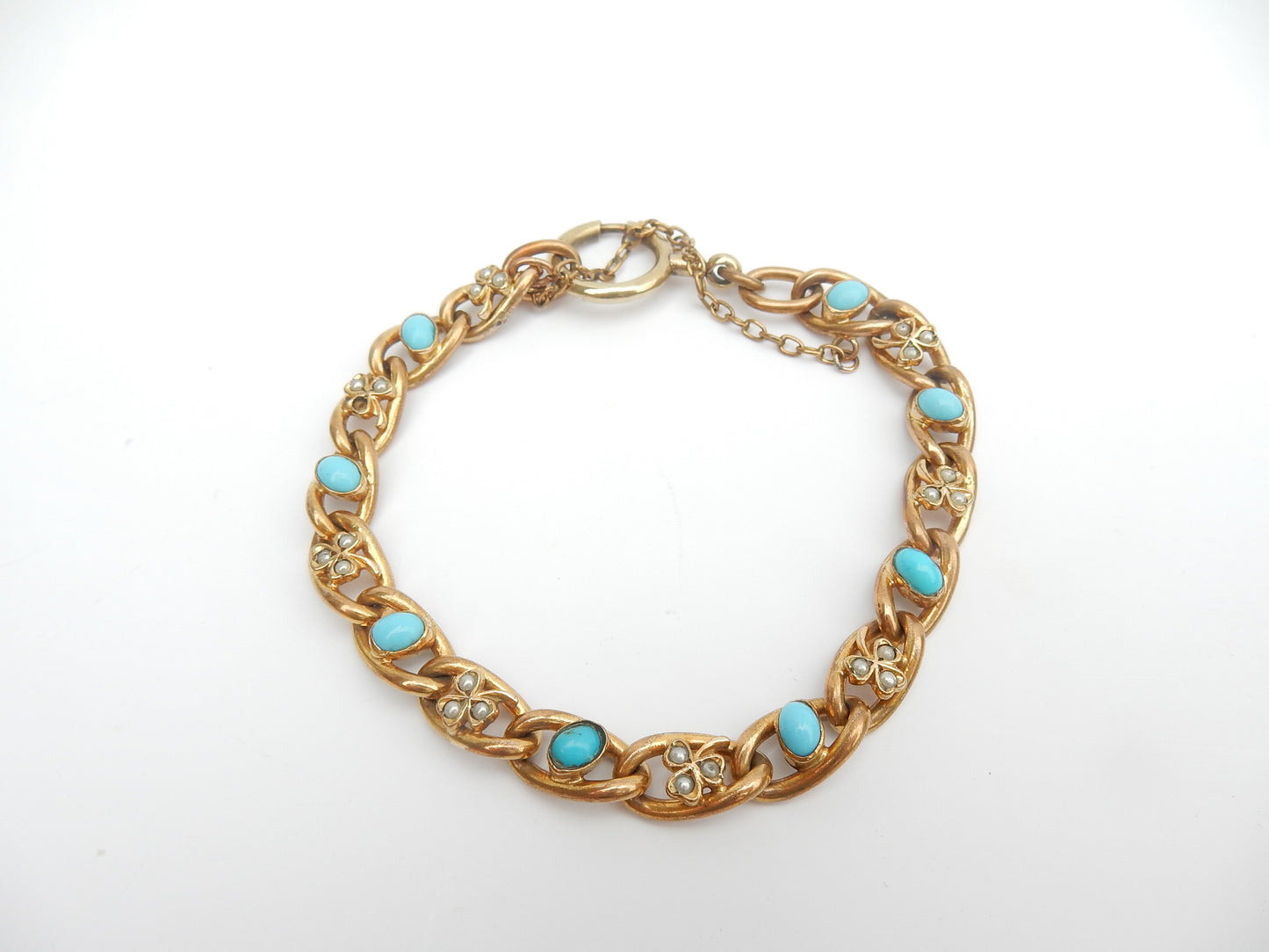 Antique Rolled Gold Turquoise & Seed Pearl Clover Leaf Bracelet