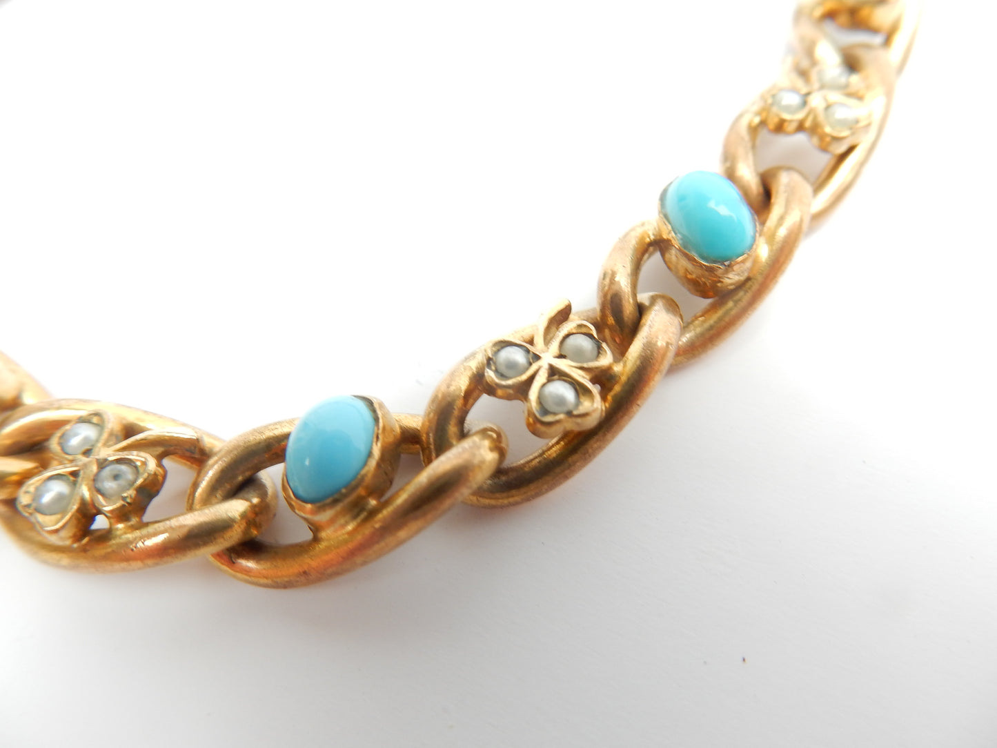 Antique Rolled Gold Turquoise & Seed Pearl Clover Leaf Bracelet
