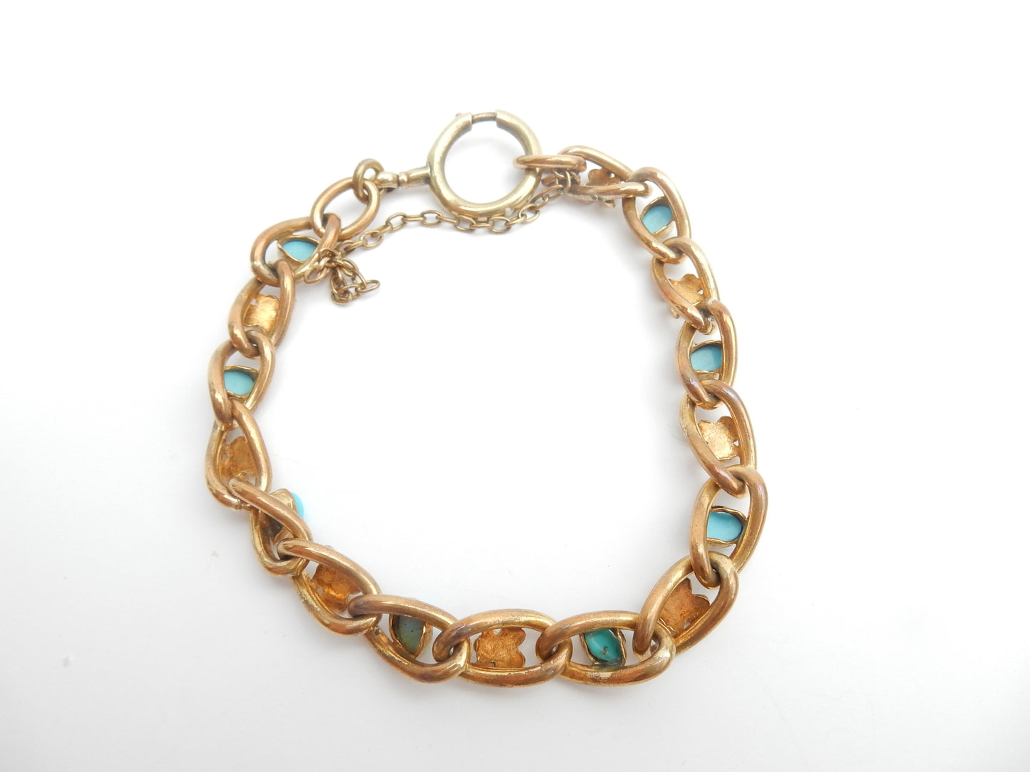 Antique Rolled Gold Turquoise & Seed Pearl Clover Leaf Bracelet