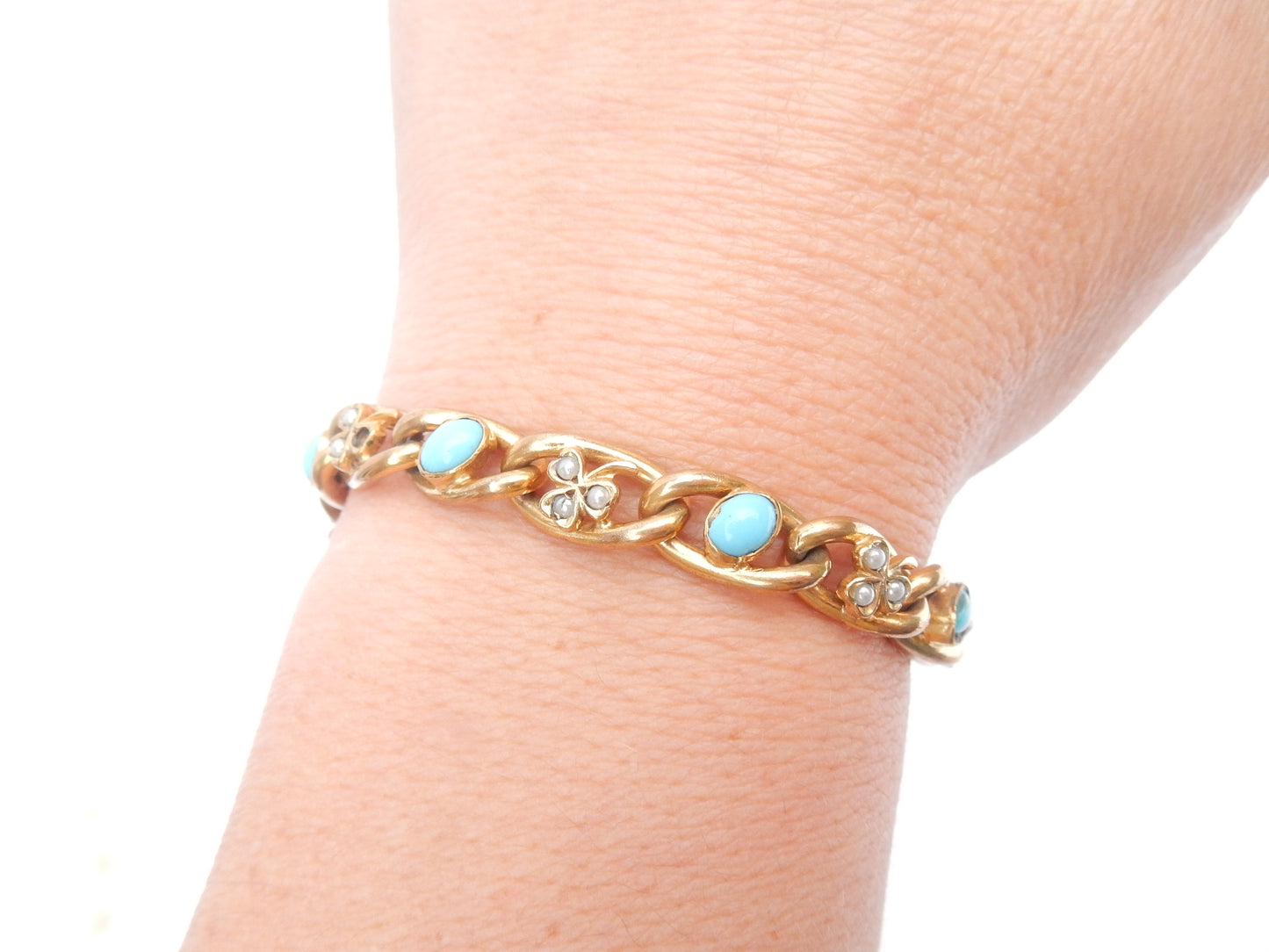 Antique Rolled Gold Turquoise & Seed Pearl Clover Leaf Bracelet