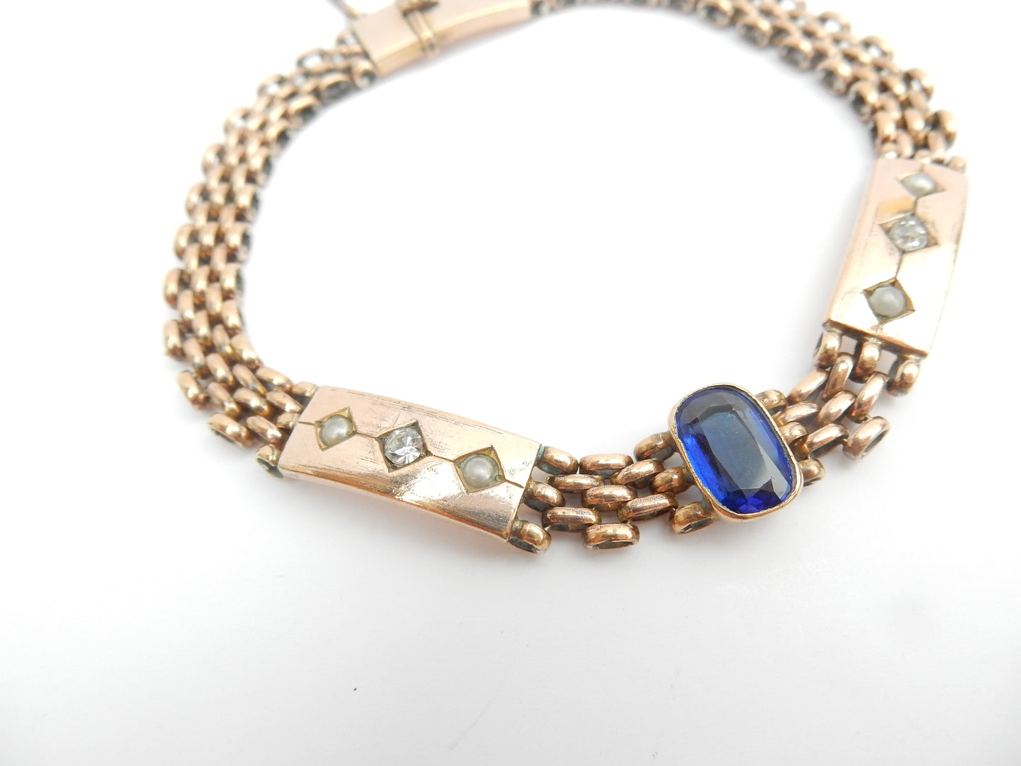 Antique Rolled Gold Sapphire & Diamond Paste Seed Pearl Bracelet