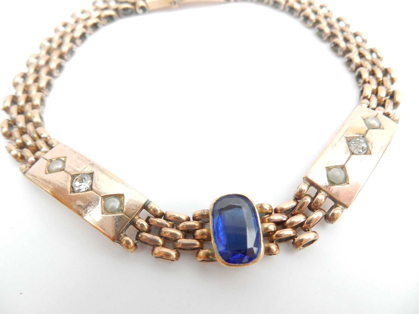 Antique Rolled Gold Sapphire & Diamond Paste Seed Pearl Bracelet