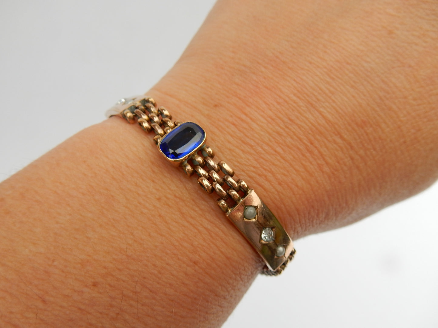 Antique Rolled Gold Sapphire & Diamond Paste Seed Pearl Bracelet