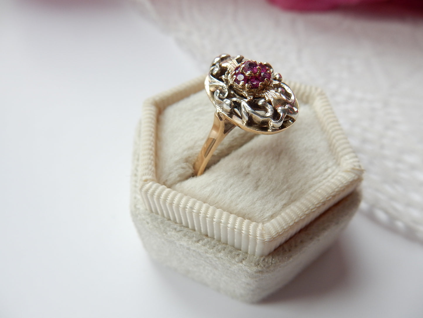 Unusual Antique 9ct White Gold Filigree Ruby Ring US Size 8 3/4 UK S