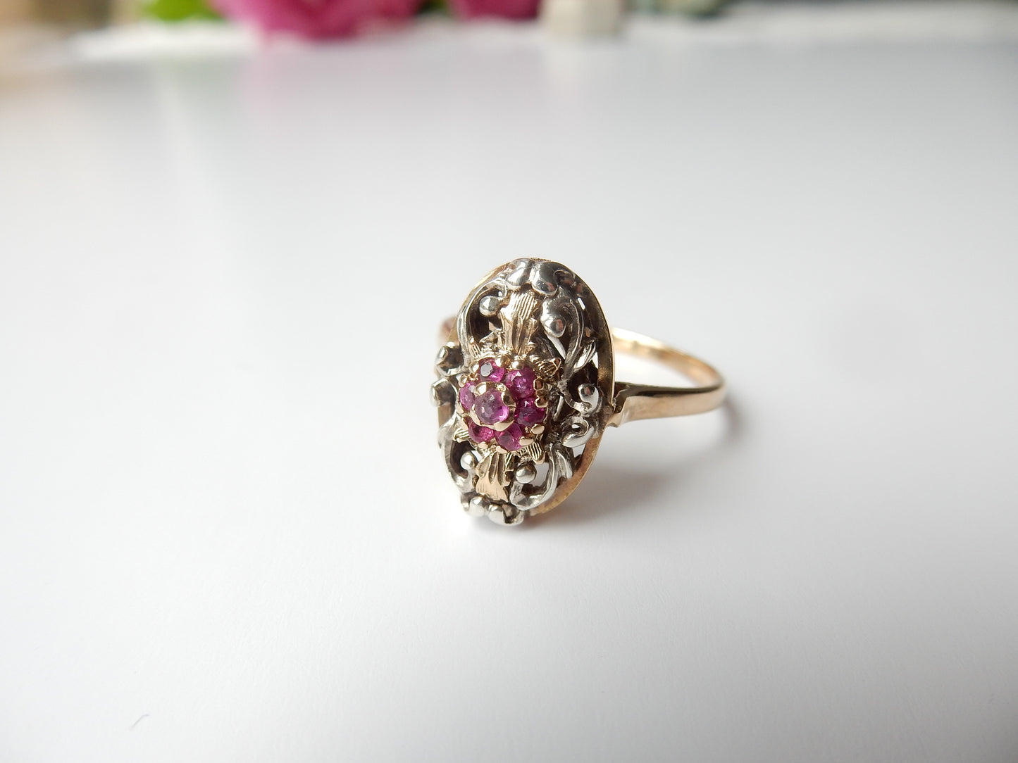 Unusual Antique 9ct White Gold Filigree Ruby Ring US Size 8 3/4 UK S
