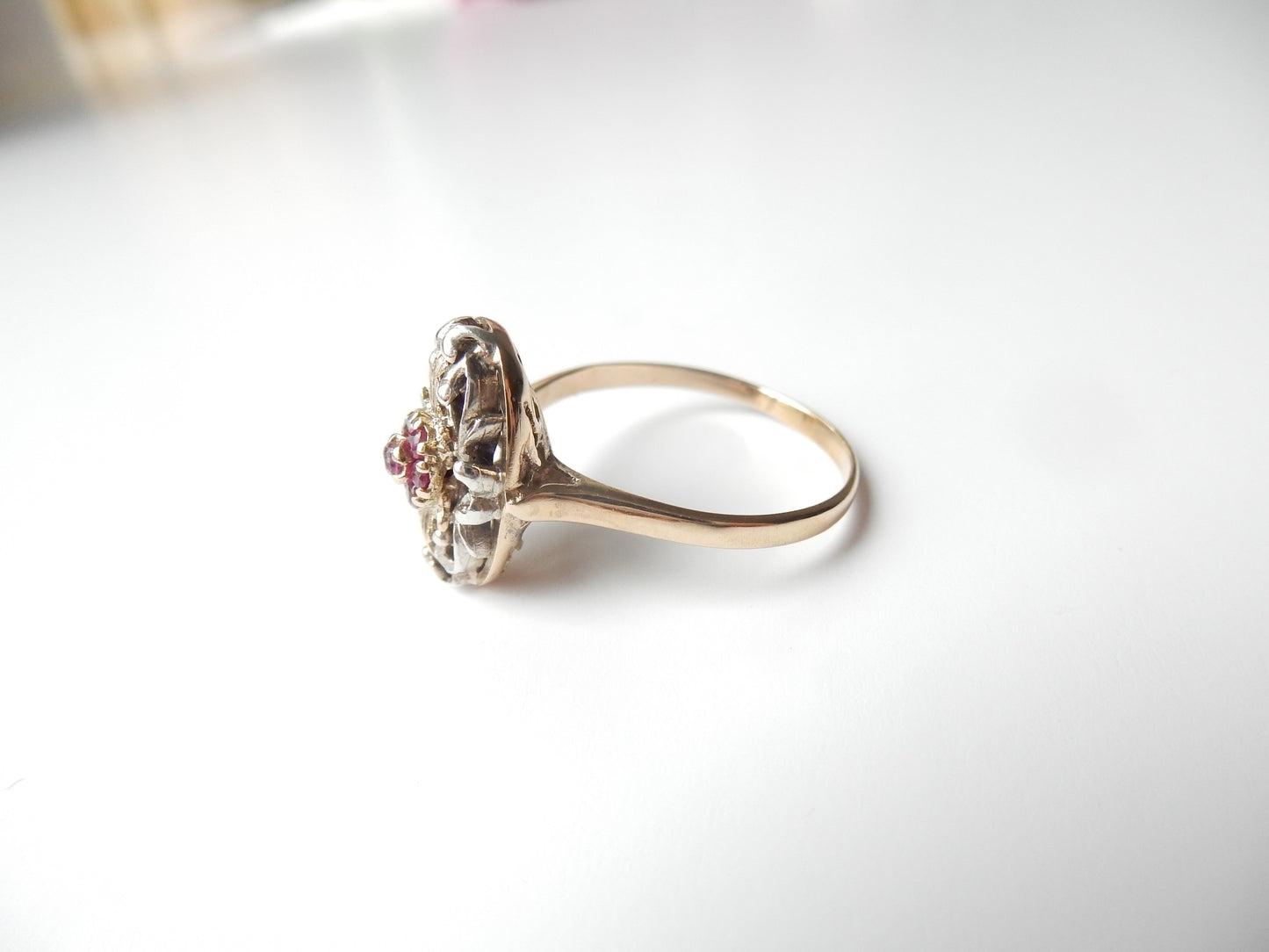 Unusual Antique 9ct White Gold Filigree Ruby Ring US Size 8 3/4 UK S