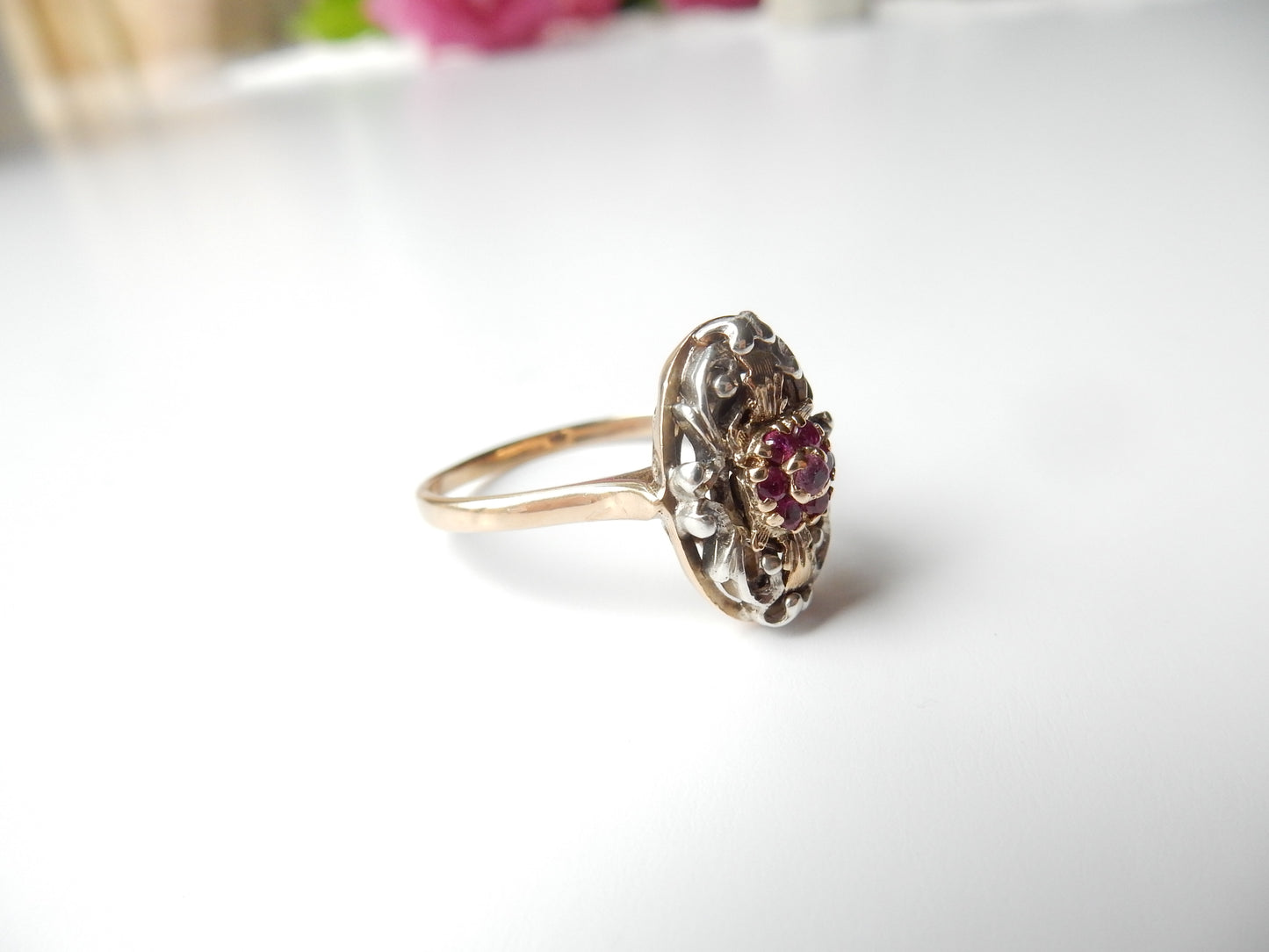 Unusual Antique 9ct White Gold Filigree Ruby Ring US Size 8 3/4 UK S