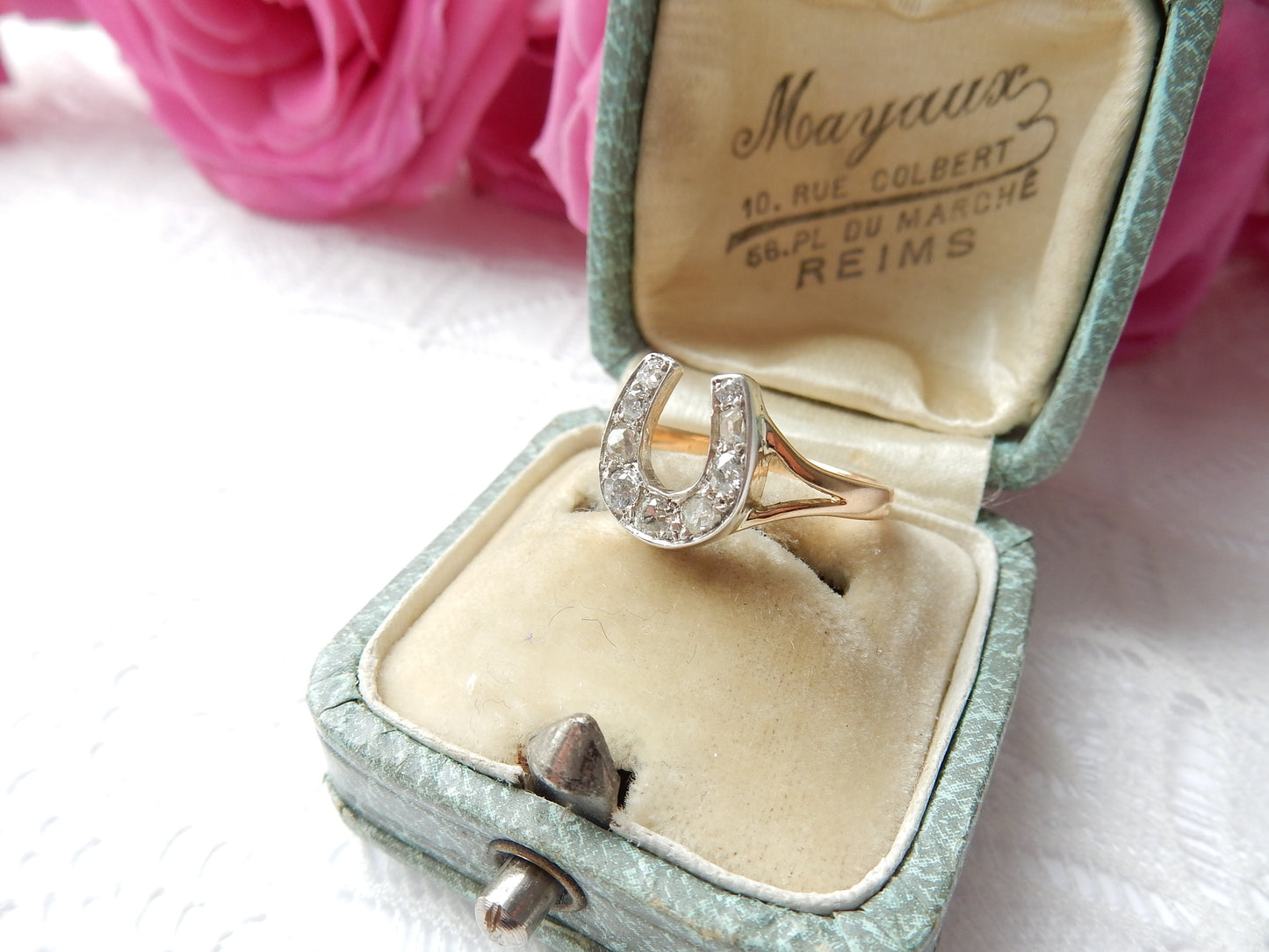 Antique 18ct Gold Old Cut Diamond Horseshoe Ring US Size 7 UK P