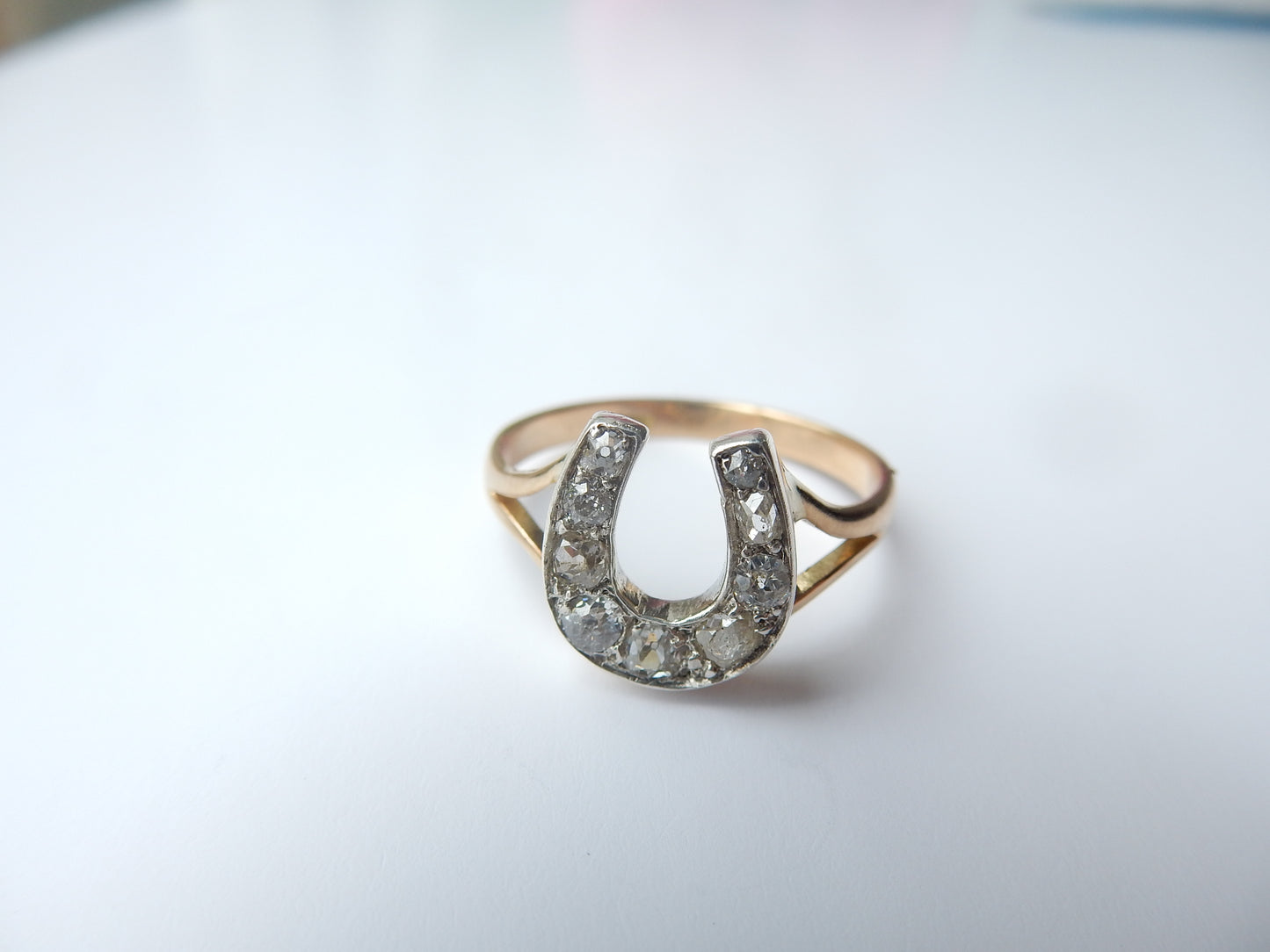 Antique 18ct Gold Old Cut Diamond Horseshoe Ring US Size 7 UK P