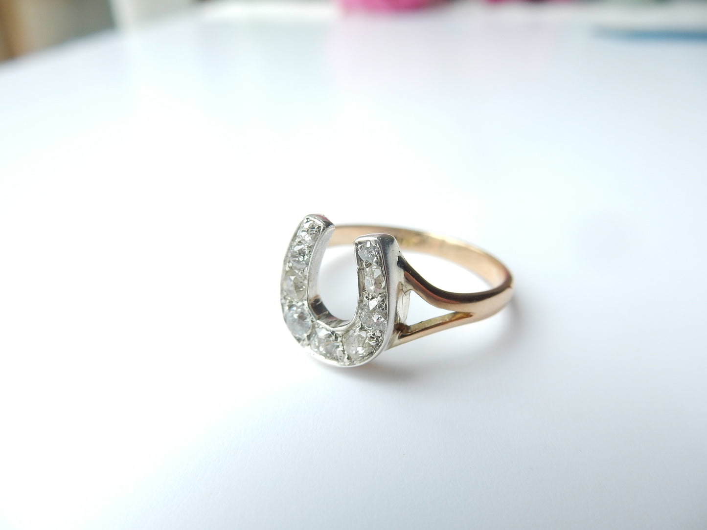 Antique 18ct Gold Old Cut Diamond Horseshoe Ring US Size 7 UK P