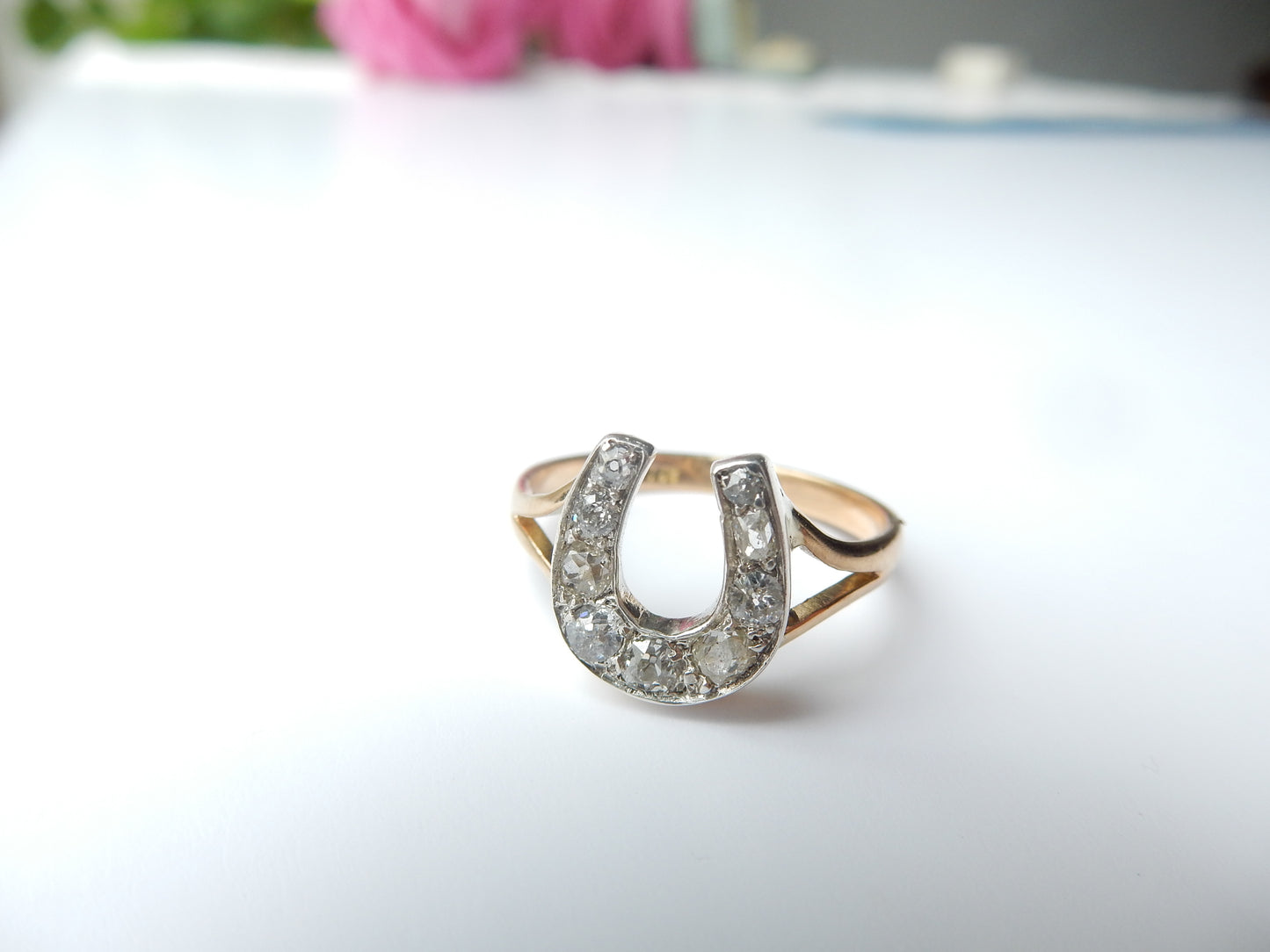 Antique 18ct Gold Old Cut Diamond Horseshoe Ring US Size 7 UK P
