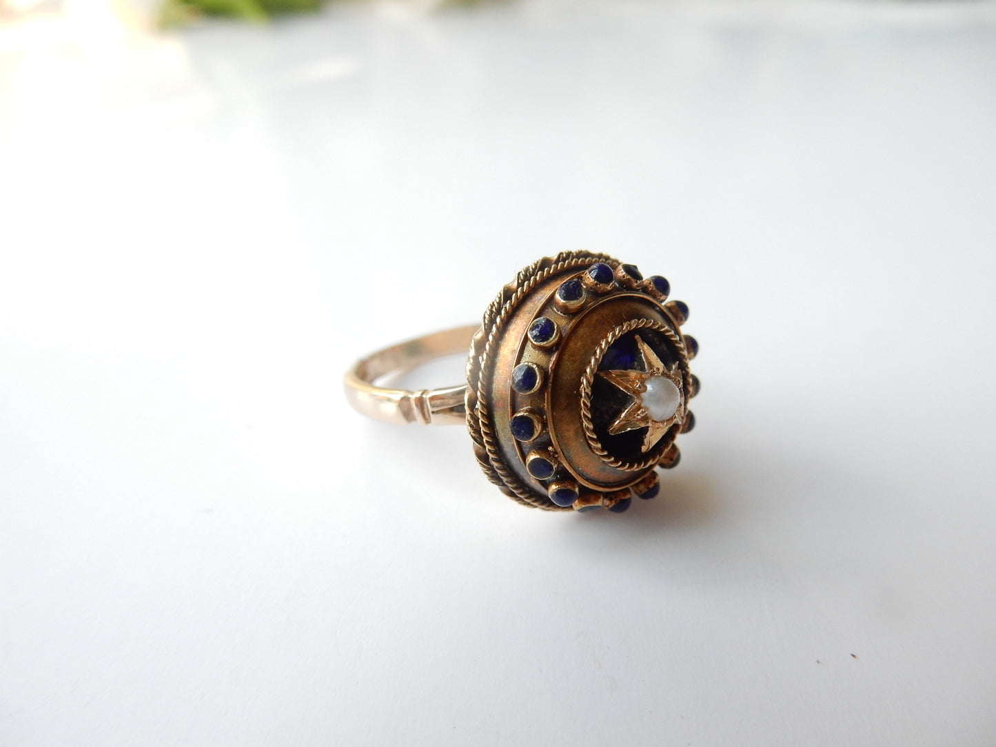 Victorian 14ct Gold Enamel & Seed Pearl Conversion Ring US Size 6.5 UK 0