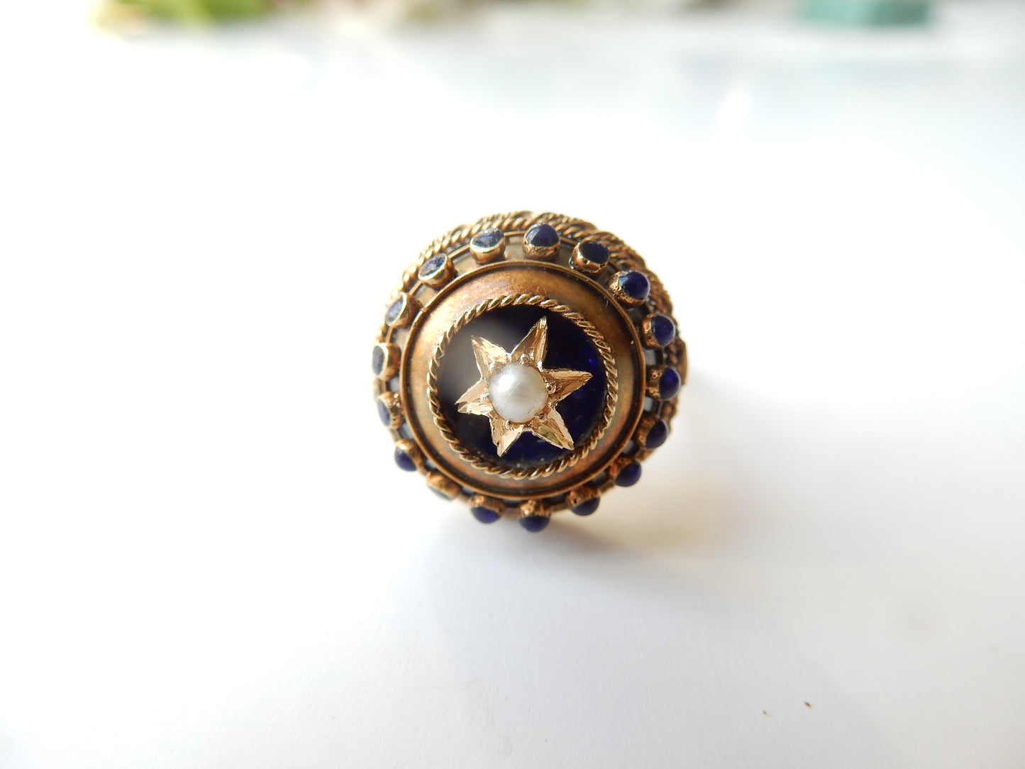Victorian 14ct Gold Enamel & Seed Pearl Conversion Ring US Size 6.5 UK 0