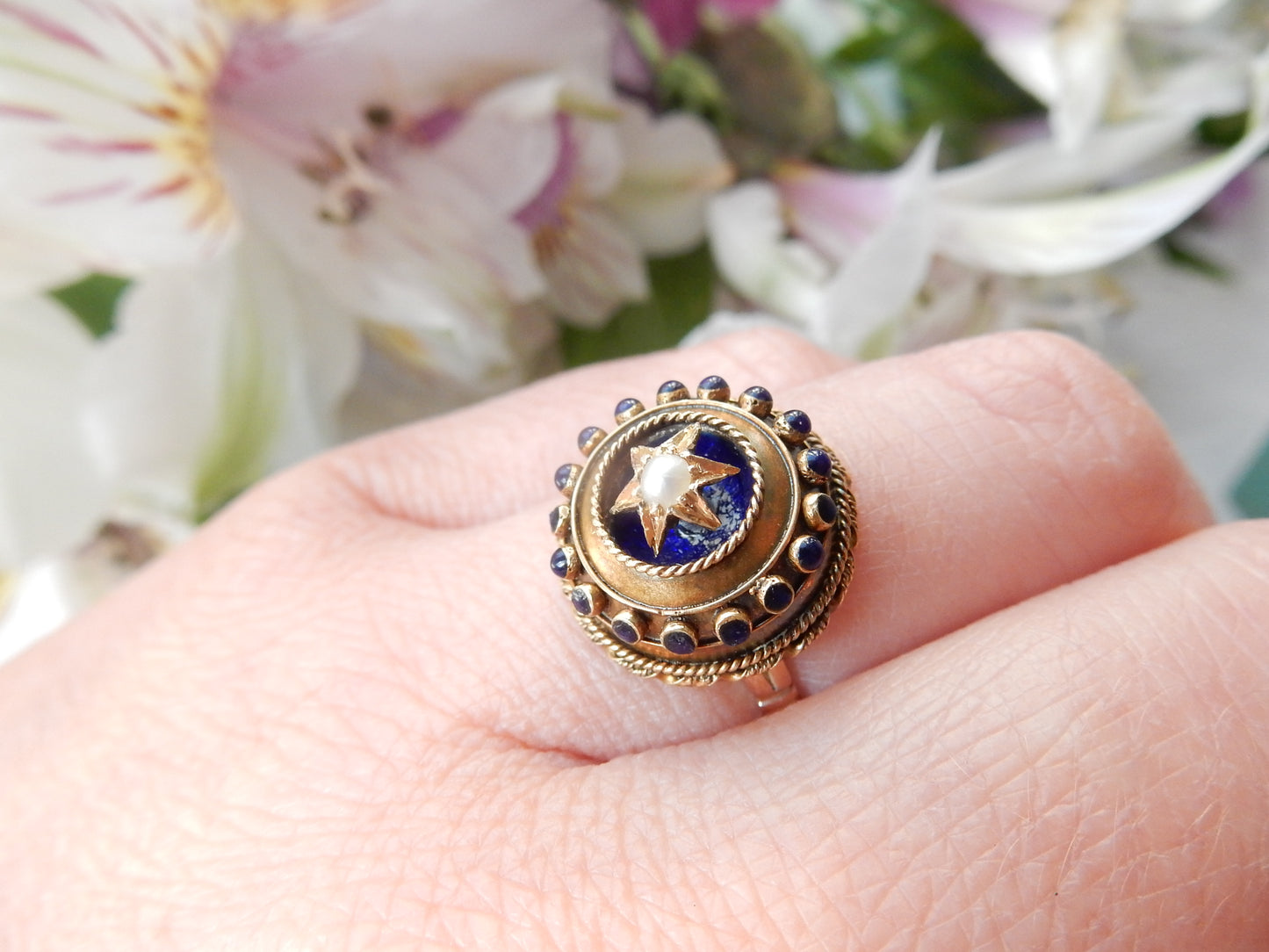 Victorian 14ct Gold Enamel & Seed Pearl Conversion Ring US Size 6.5 UK 0