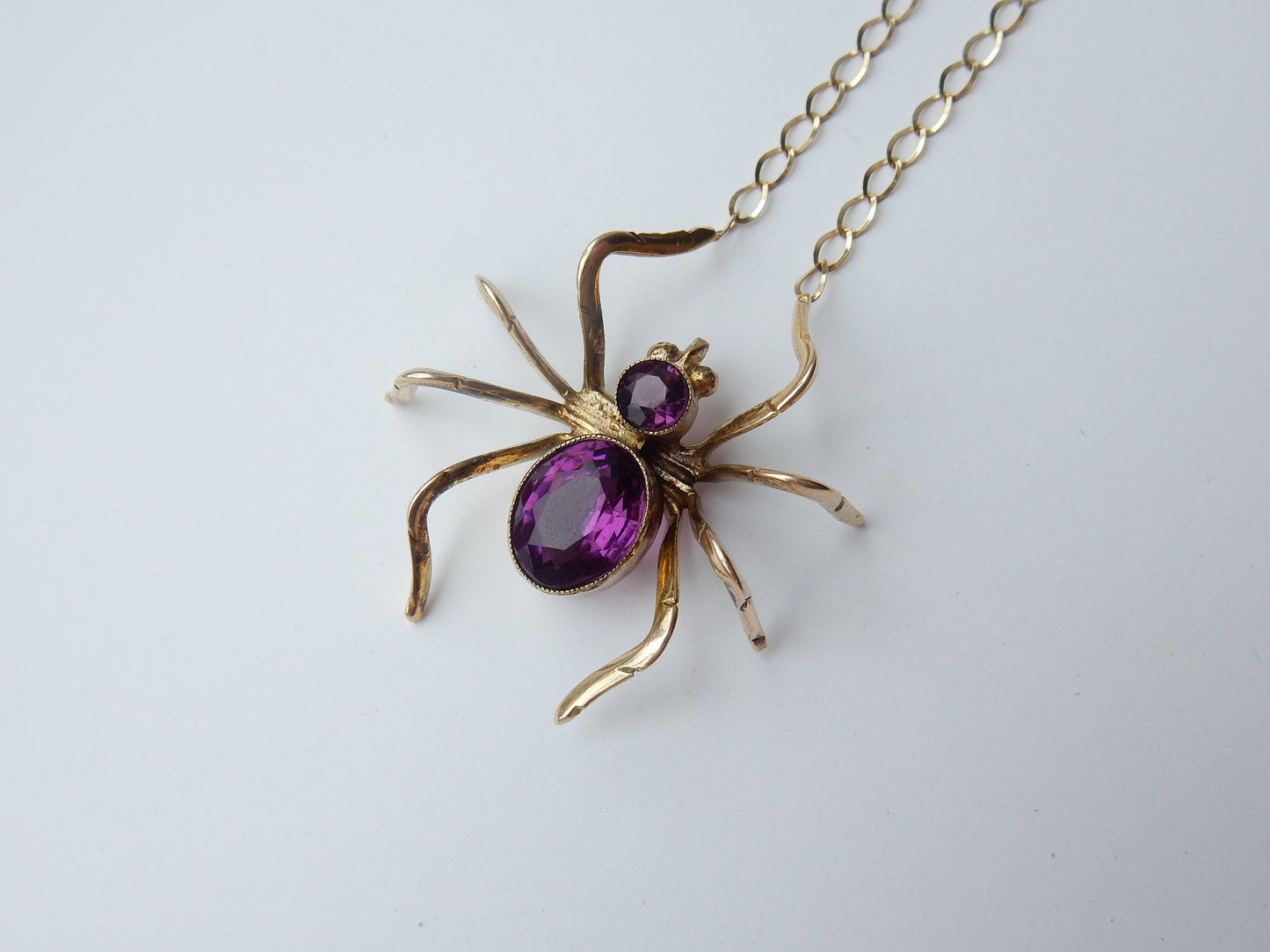 Antique Edwardian 9k Yellow Gold Amethyst Spider Necklace Brooch Conversion