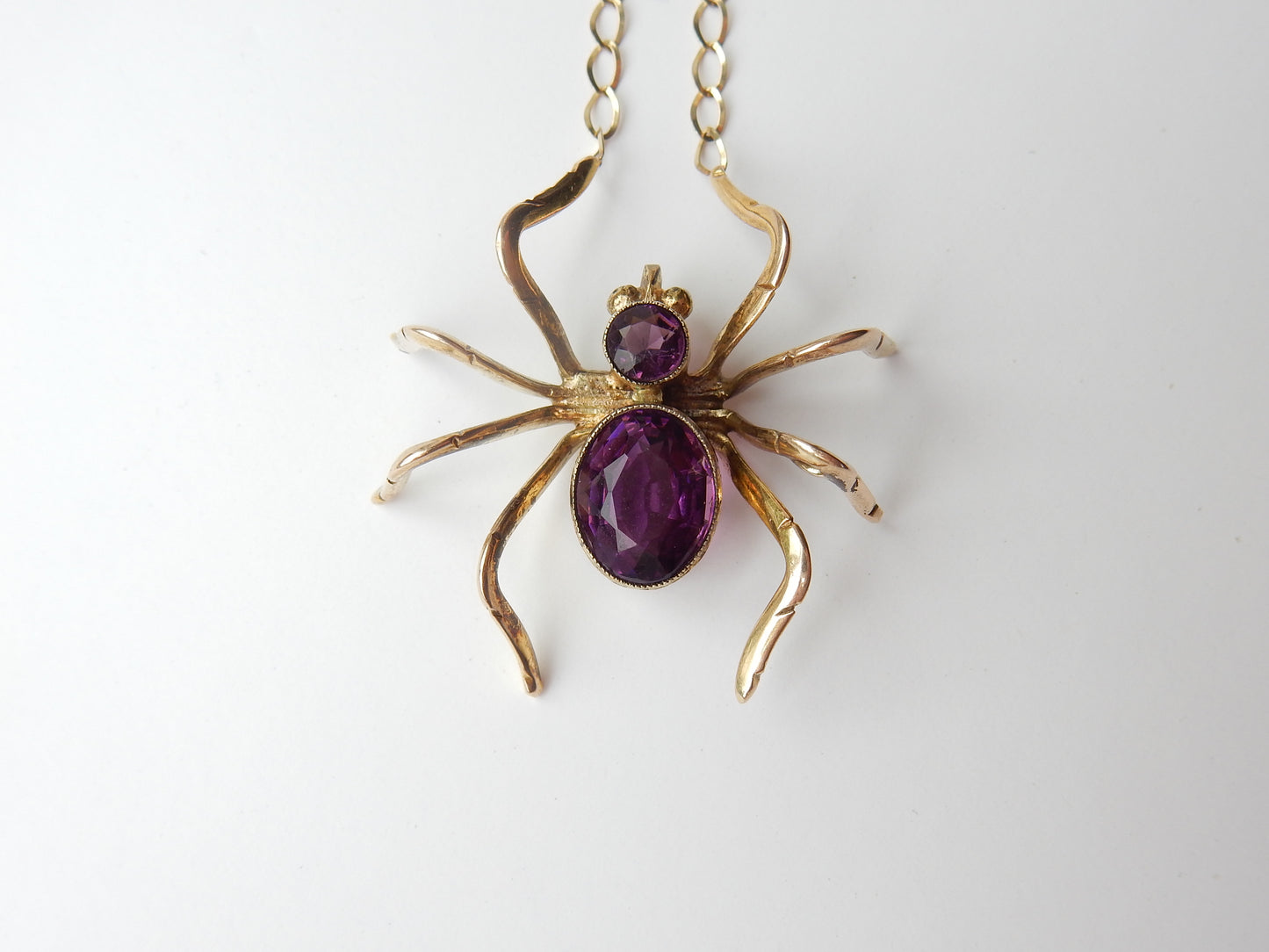 Antique Edwardian 9k Yellow Gold Amethyst Spider Necklace Brooch Conversion