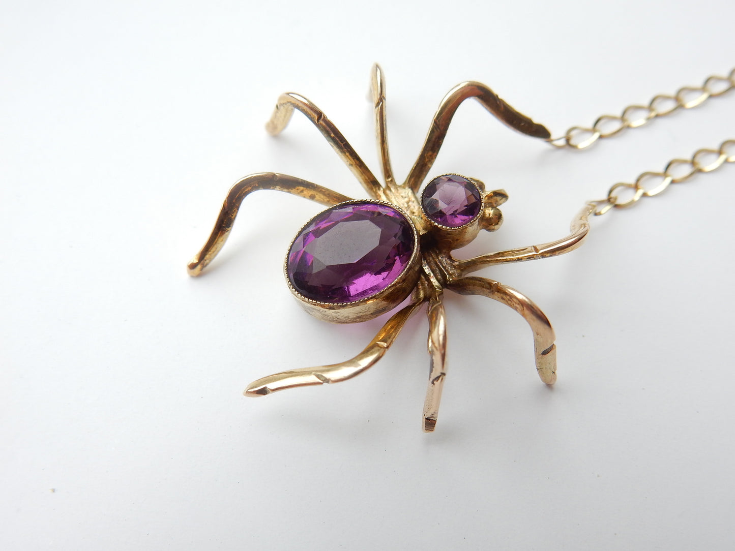 Antique Edwardian 9k Yellow Gold Amethyst Spider Necklace Brooch Conversion