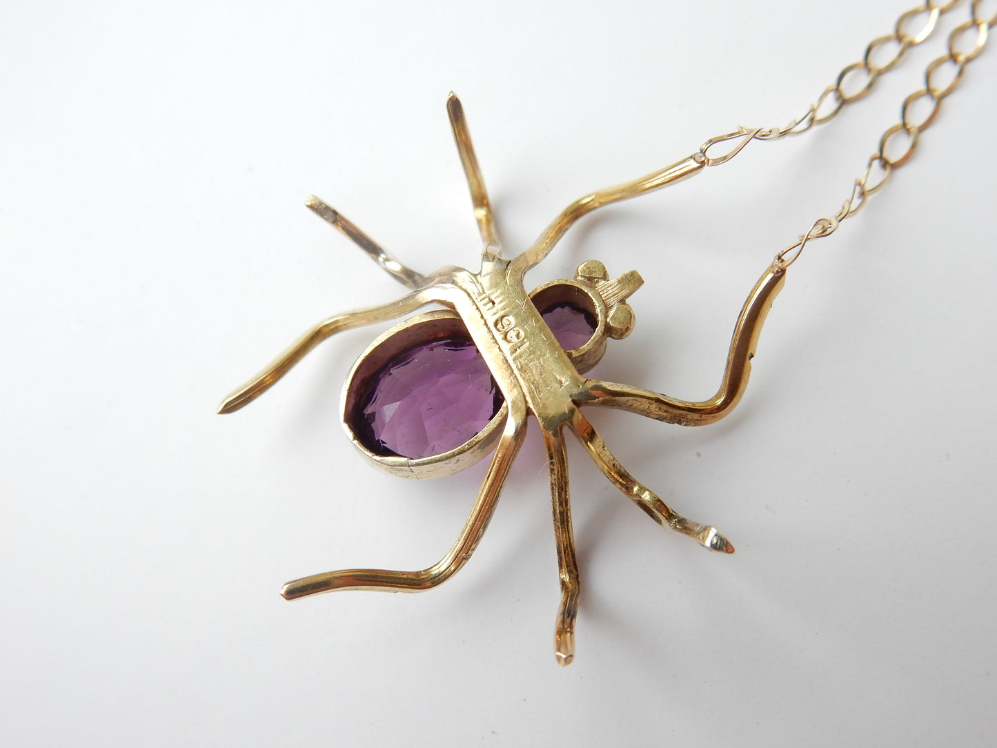 Antique Edwardian 9k Yellow Gold Amethyst Spider Necklace Brooch Conversion