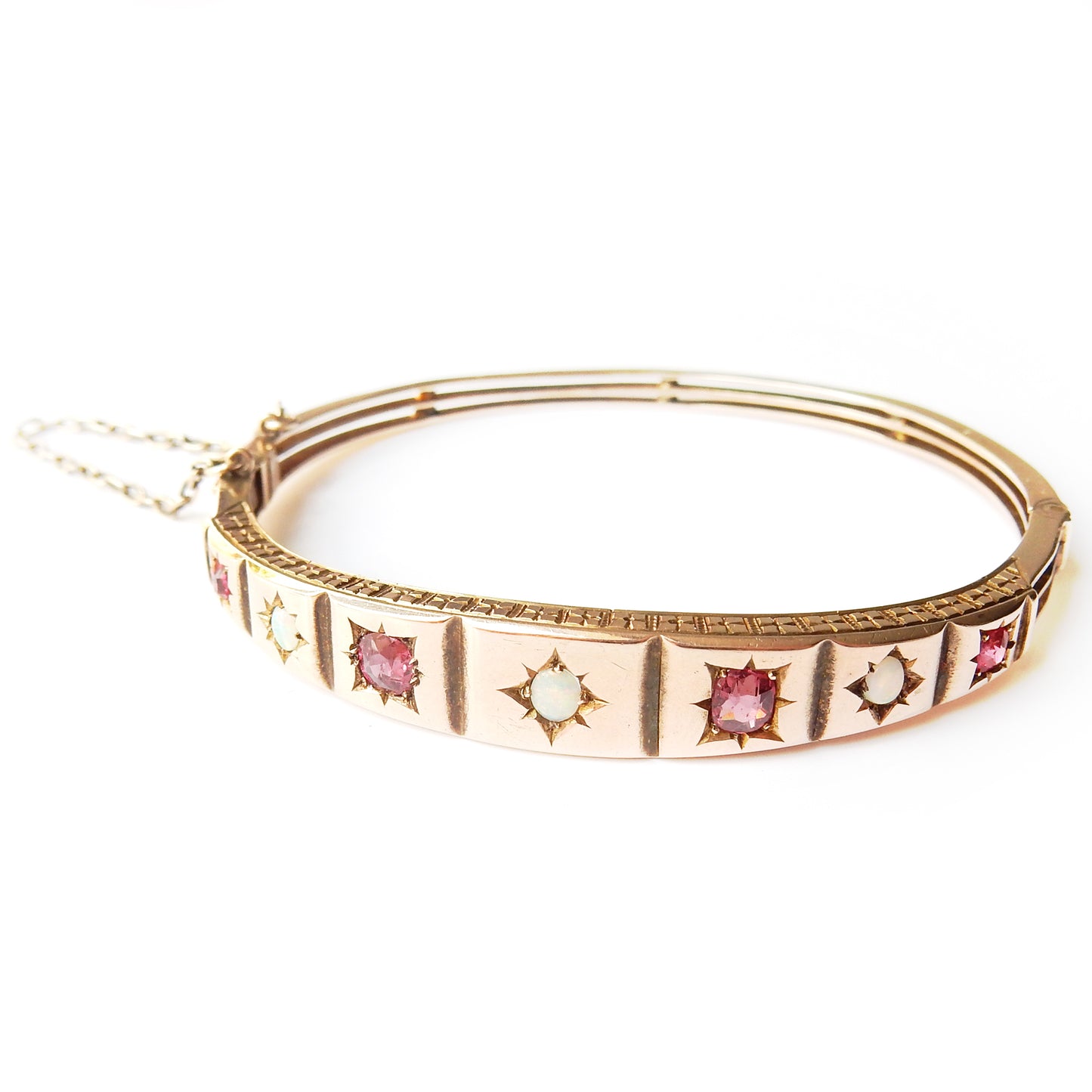 Victorian 9ct Gold Opal & Ruby Starburst Bangle Bracelet 5 3/4" (10.7grams)