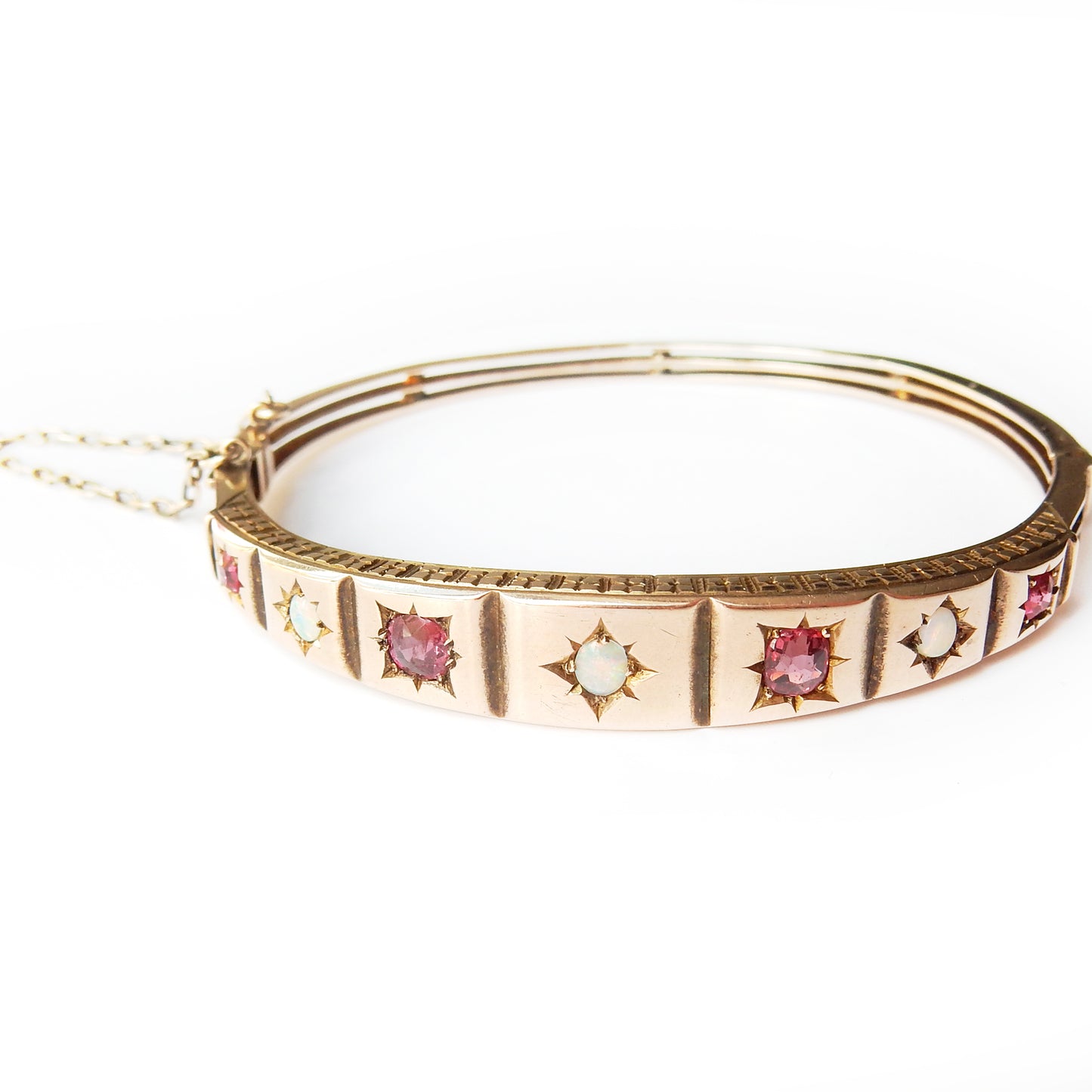 Victorian 9ct Gold Opal & Ruby Starburst Bangle Bracelet 5 3/4" (10.7grams)