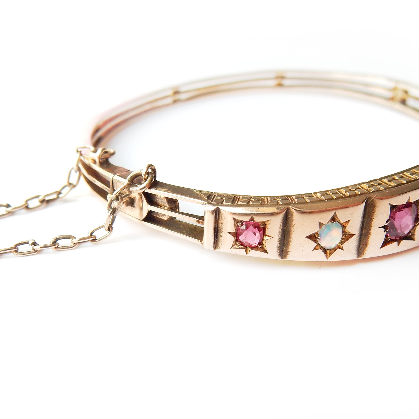 Victorian 9ct Gold Opal & Ruby Starburst Bangle Bracelet 5 3/4" (10.7grams)