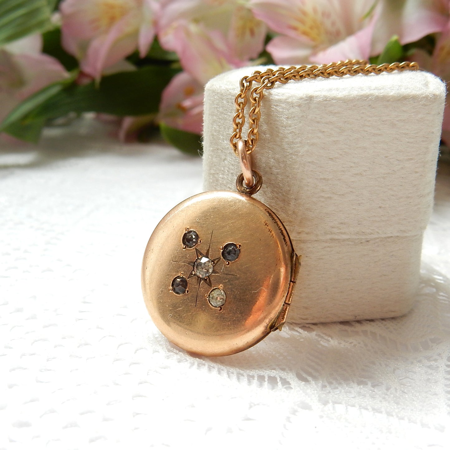 Antique Gold Filled Diamond Paste Starburst Locket Necklace