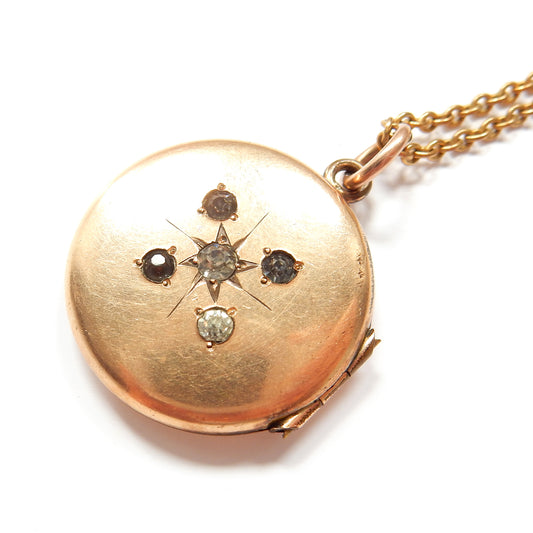 Antique Gold Filled Diamond Paste Starburst Locket Necklace