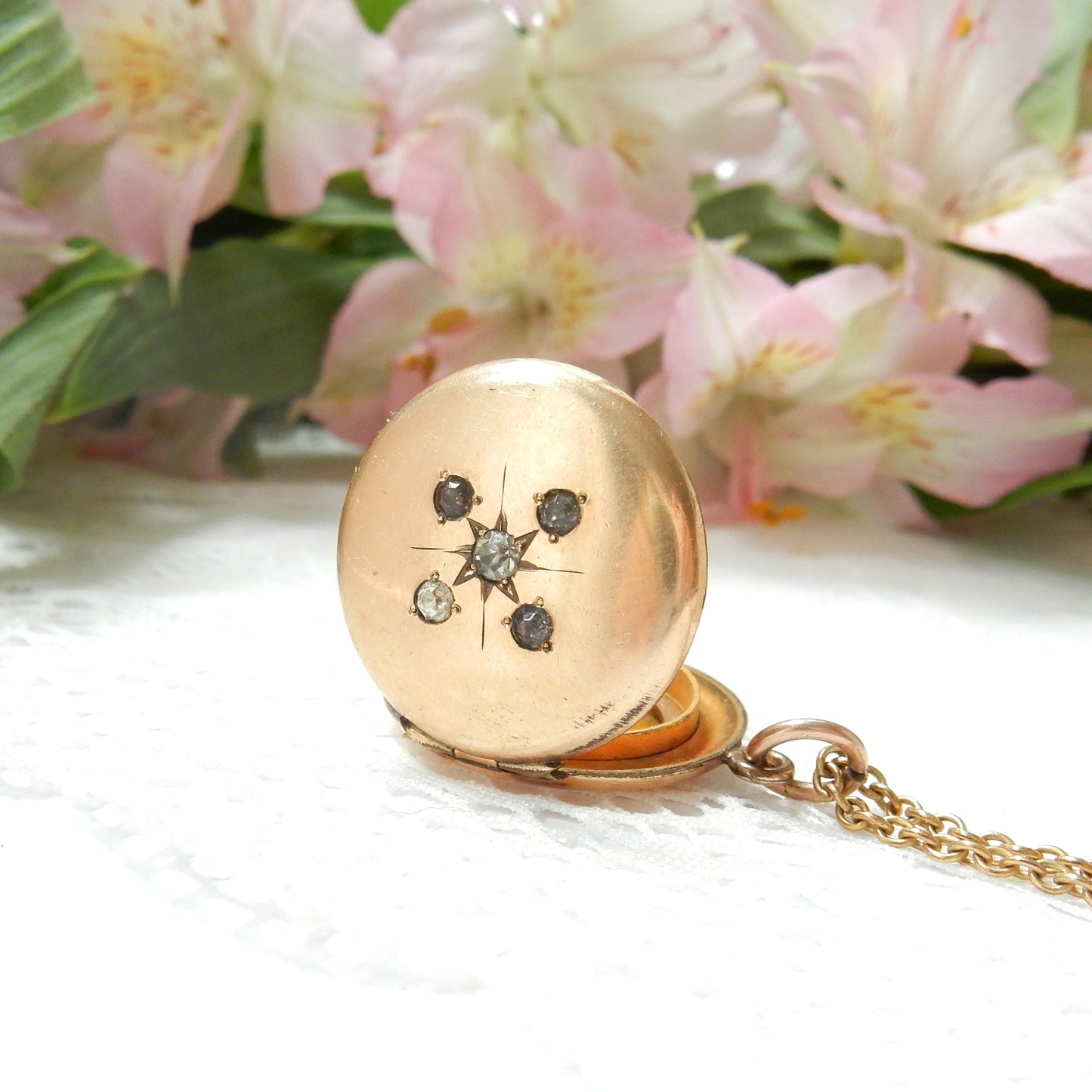 Antique Gold Filled Diamond Paste Starburst Locket Necklace
