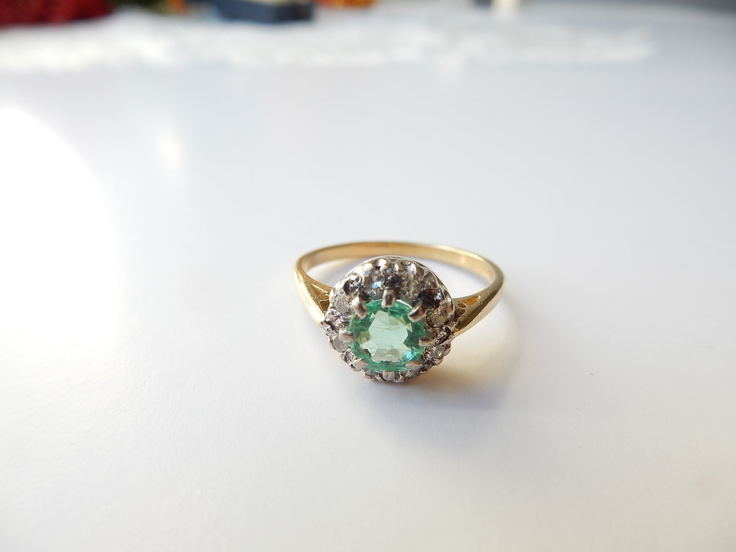 Antique 18ct Gold Emerald & Diamond Halo Ring UK Size M 1/2 US 6