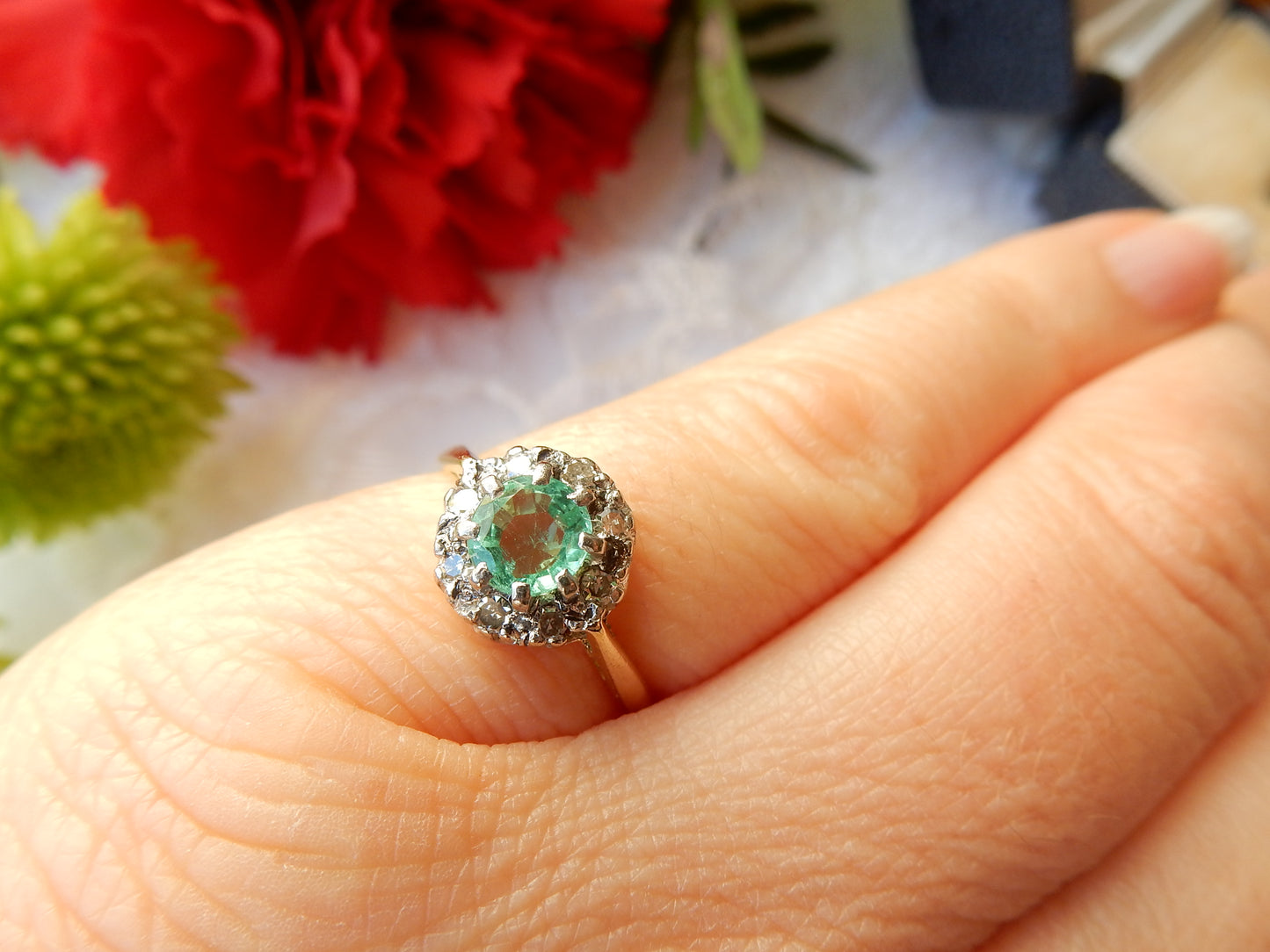Antique 18ct Gold Emerald & Diamond Halo Ring UK Size M 1/2 US 6