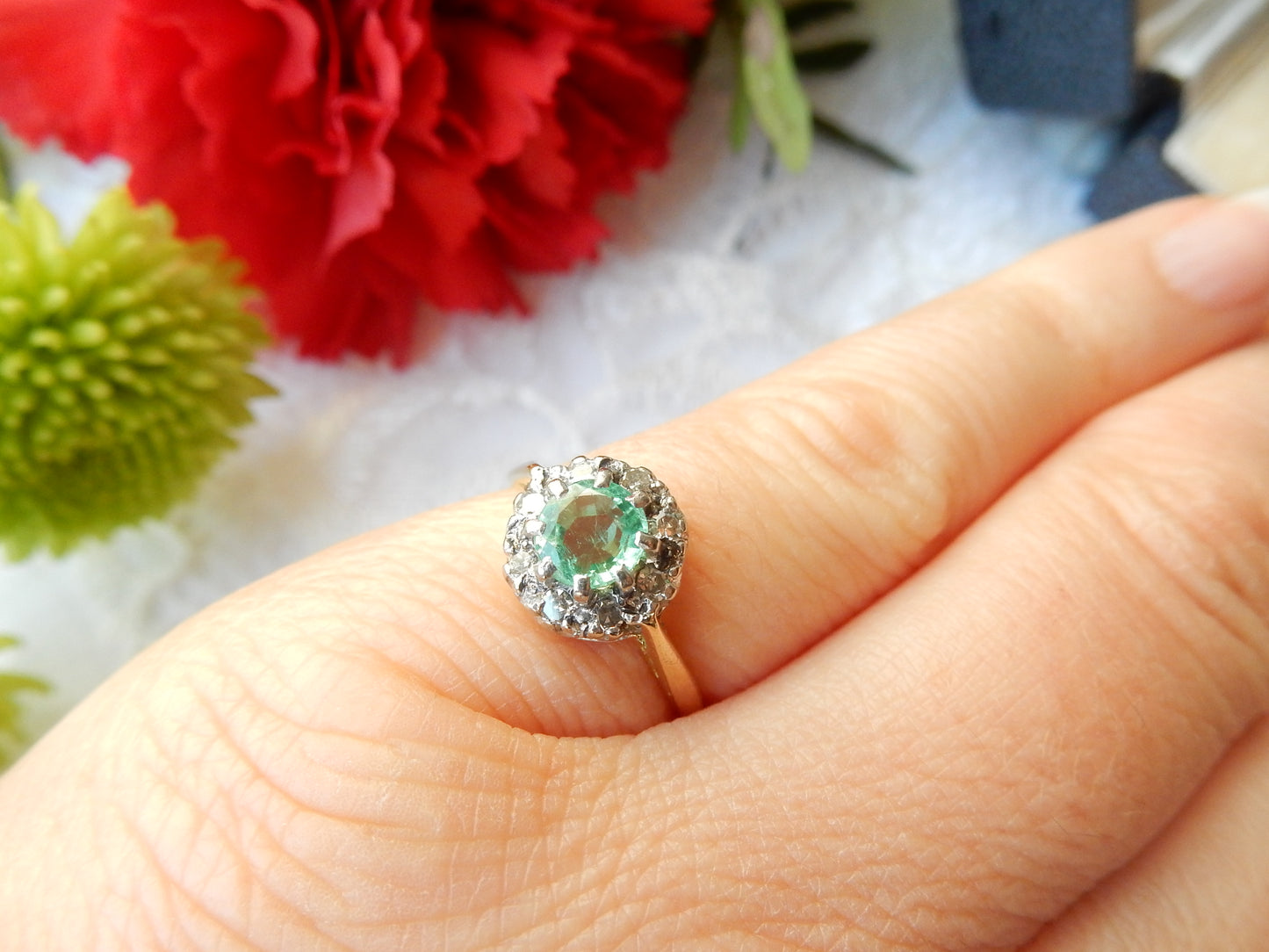 Antique 18ct Gold Emerald & Diamond Halo Ring UK Size M 1/2 US 6